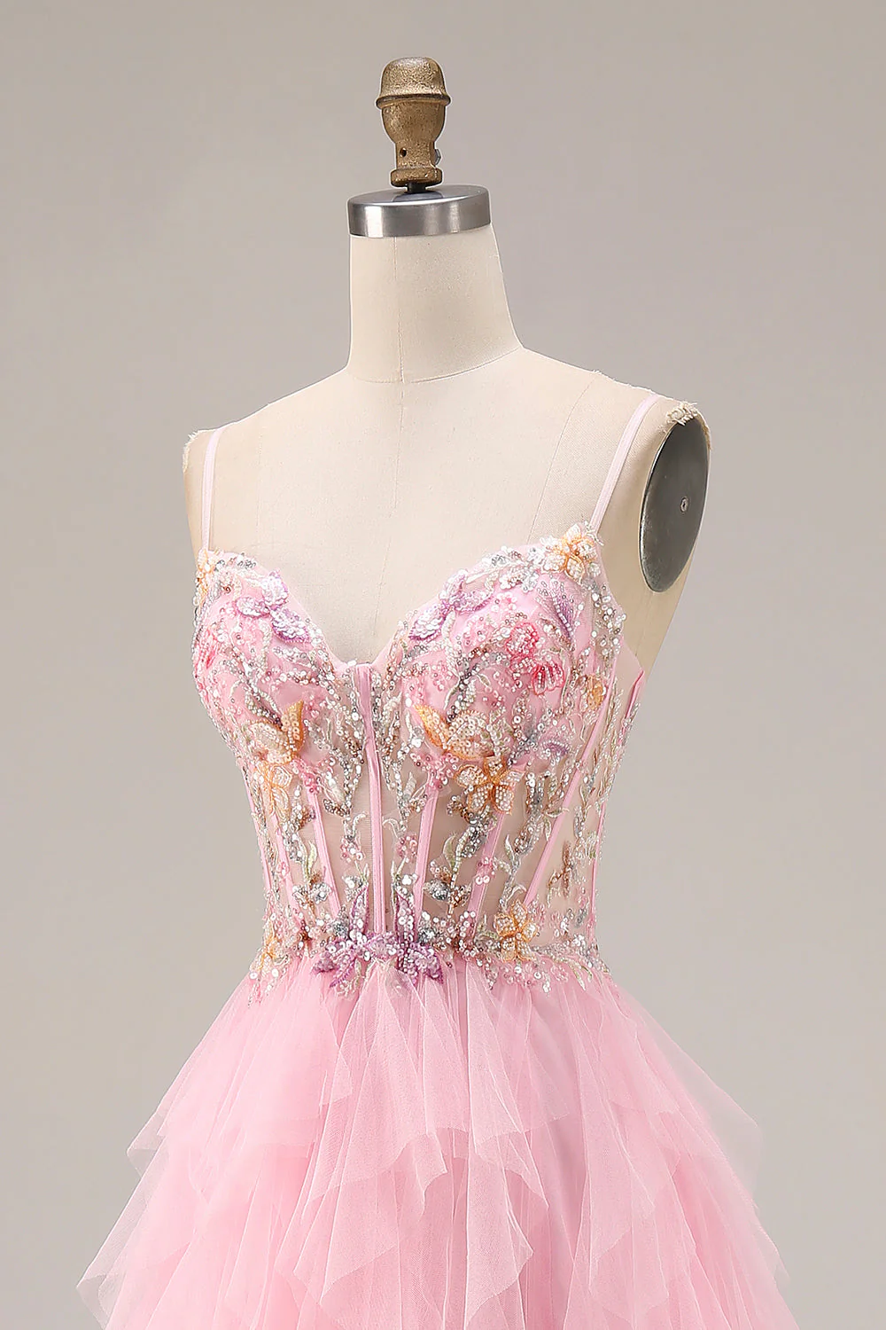 Pink A-Line Beaded Ruffled Corset Sequin Tulle Long Prom Dress with Slit - Image 6