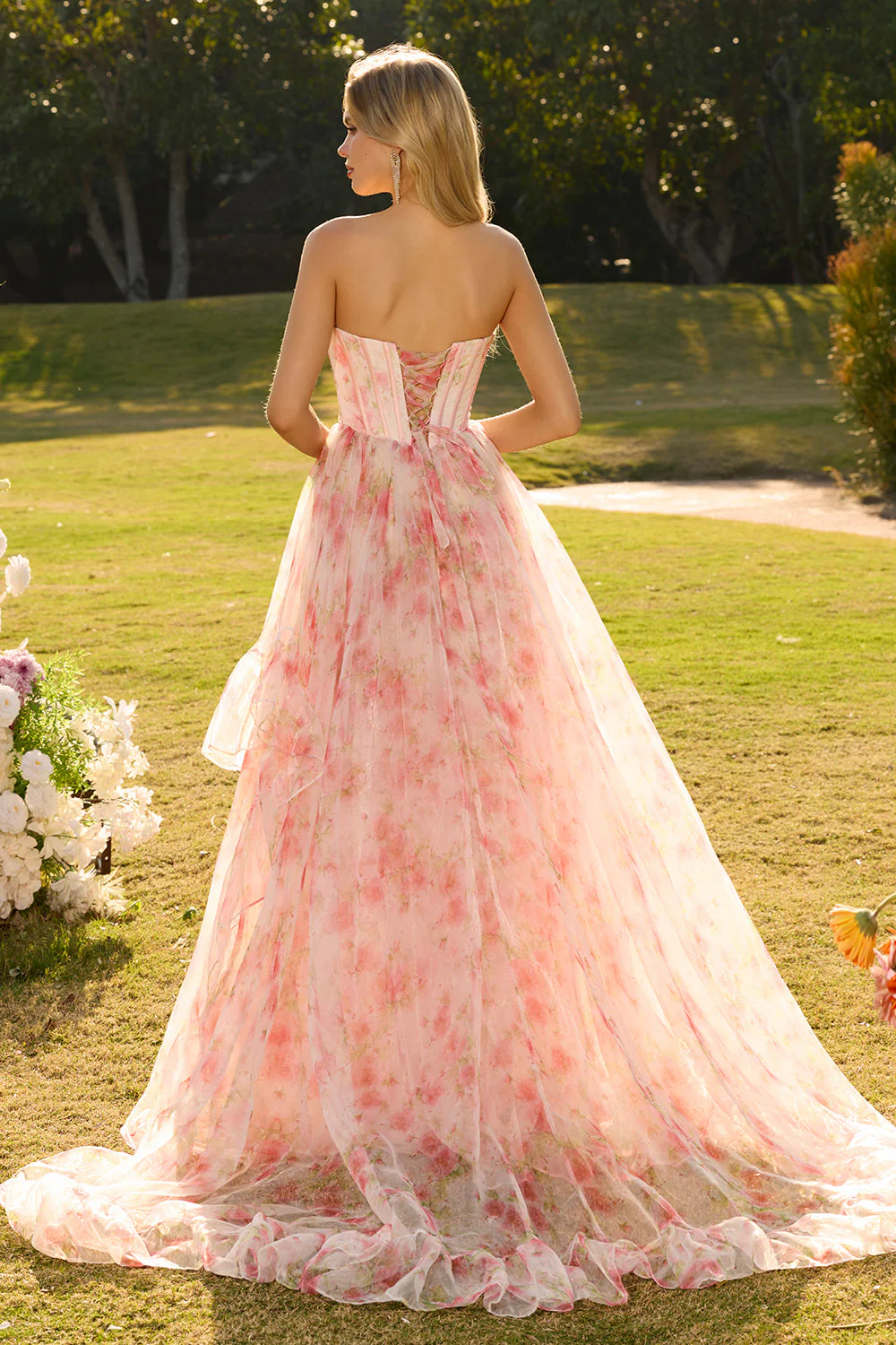 Strapless Pink A Line Beaded Corset Floral Long Prom Dress with Ruffles - Image 2