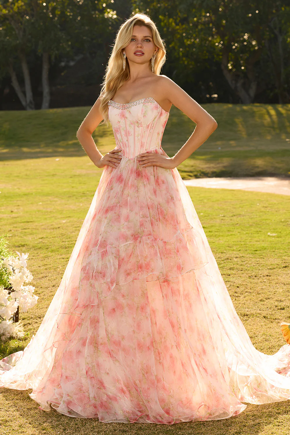 Strapless Pink A Line Beaded Corset Floral Long Prom Dress with Ruffles - Image 3