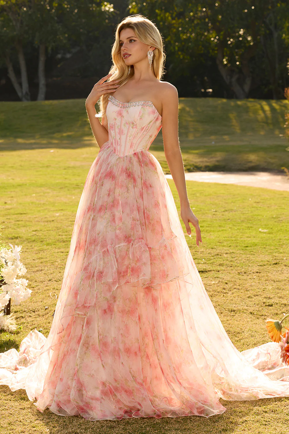 Strapless Pink A Line Beaded Corset Floral Long Prom Dress with Ruffles - Image 4