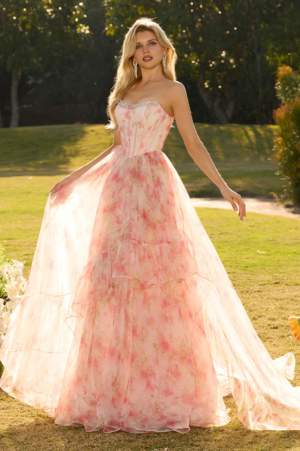 Strapless Pink A Line Beaded Corset Floral Long Prom Dress with Ruffles - Image 5