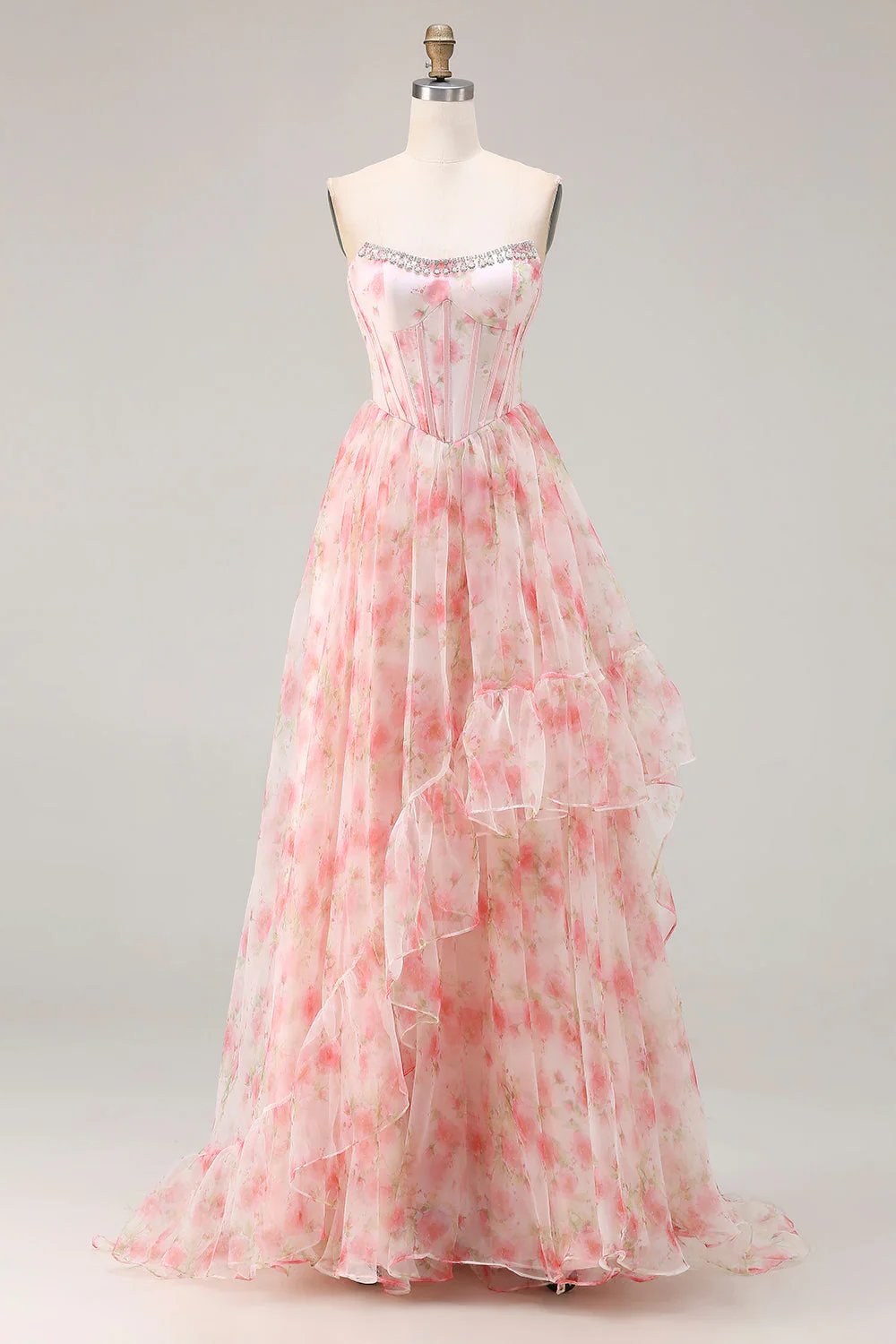 Strapless Pink A Line Beaded Corset Floral Long Prom Dress with Ruffles - Image 7