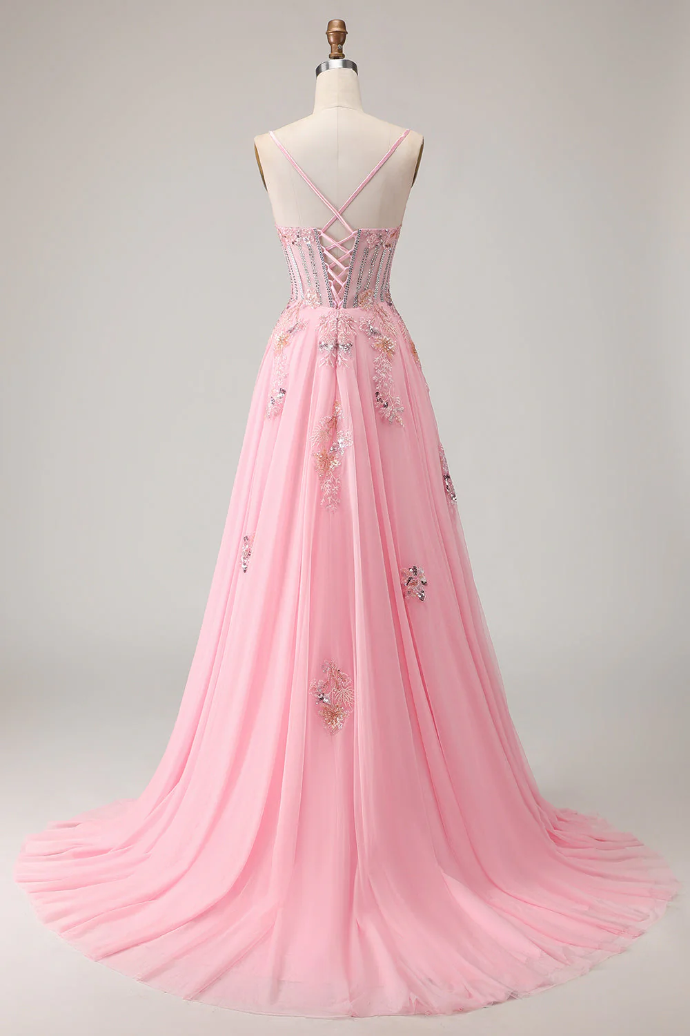 Pink A Line Corset Beaded Sequins Appliqued Long Prom Dress with Lace Up Back - Image 2