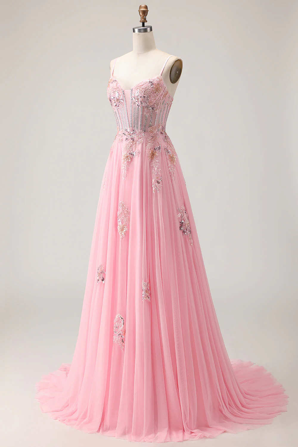 Pink A Line Corset Beaded Sequins Appliqued Long Prom Dress with Lace Up Back - Image 3