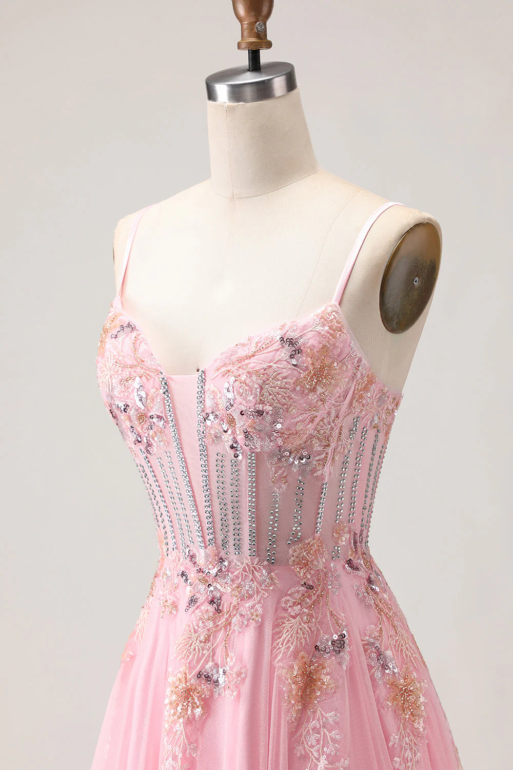 Pink A Line Corset Beaded Sequins Appliqued Long Prom Dress with Lace Up Back - Image 6