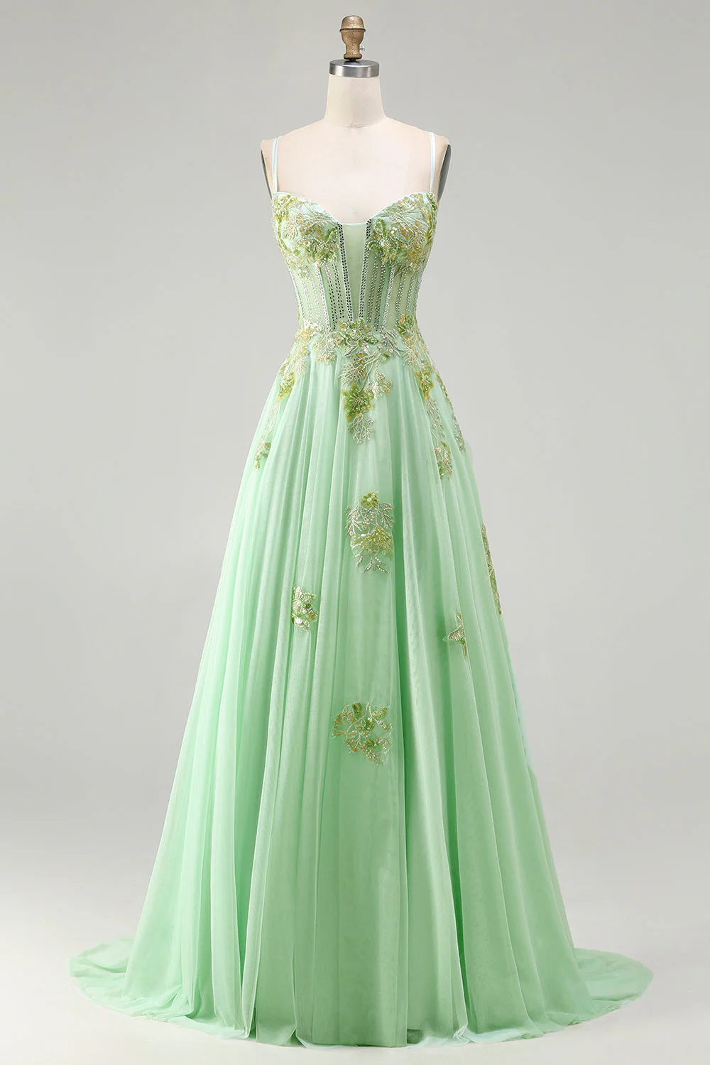 Pink A Line Corset Beaded Sequins Appliqued Long Prom Dress with Lace Up Back - Image 7
