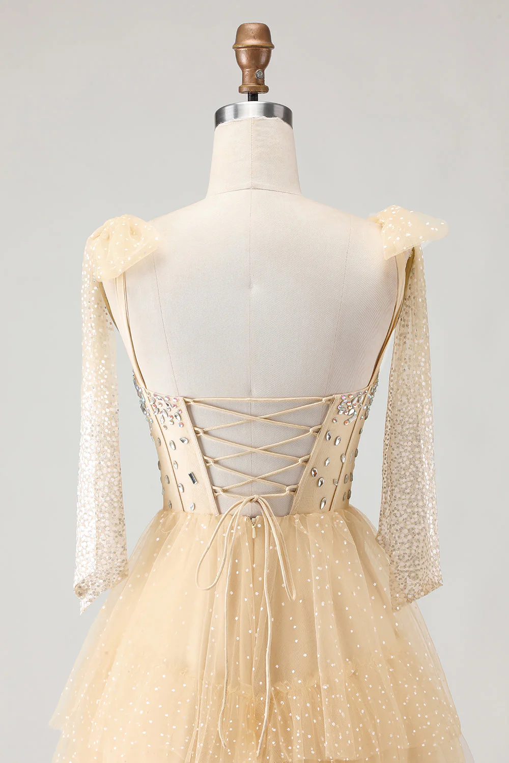 Pink A Line Corset Polka Dots Ruffled Beaded Long Prom Dress with Lace Up Back - Image 11