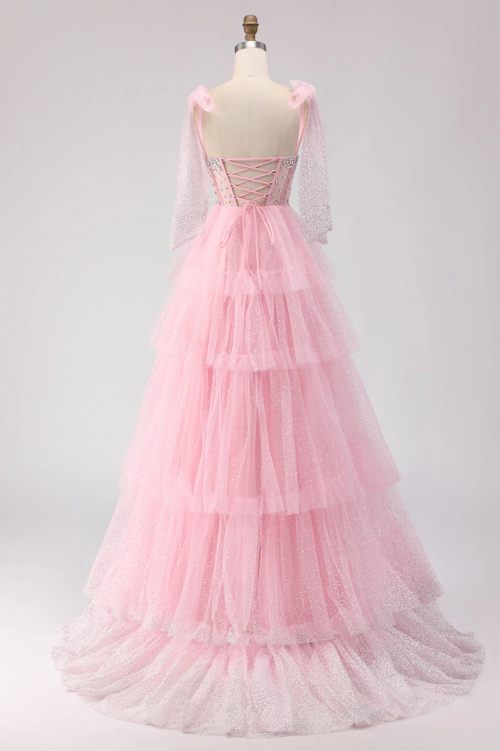 Pink A Line Corset Polka Dots Ruffled Beaded Long Prom Dress with Lace Up Back - Image 2