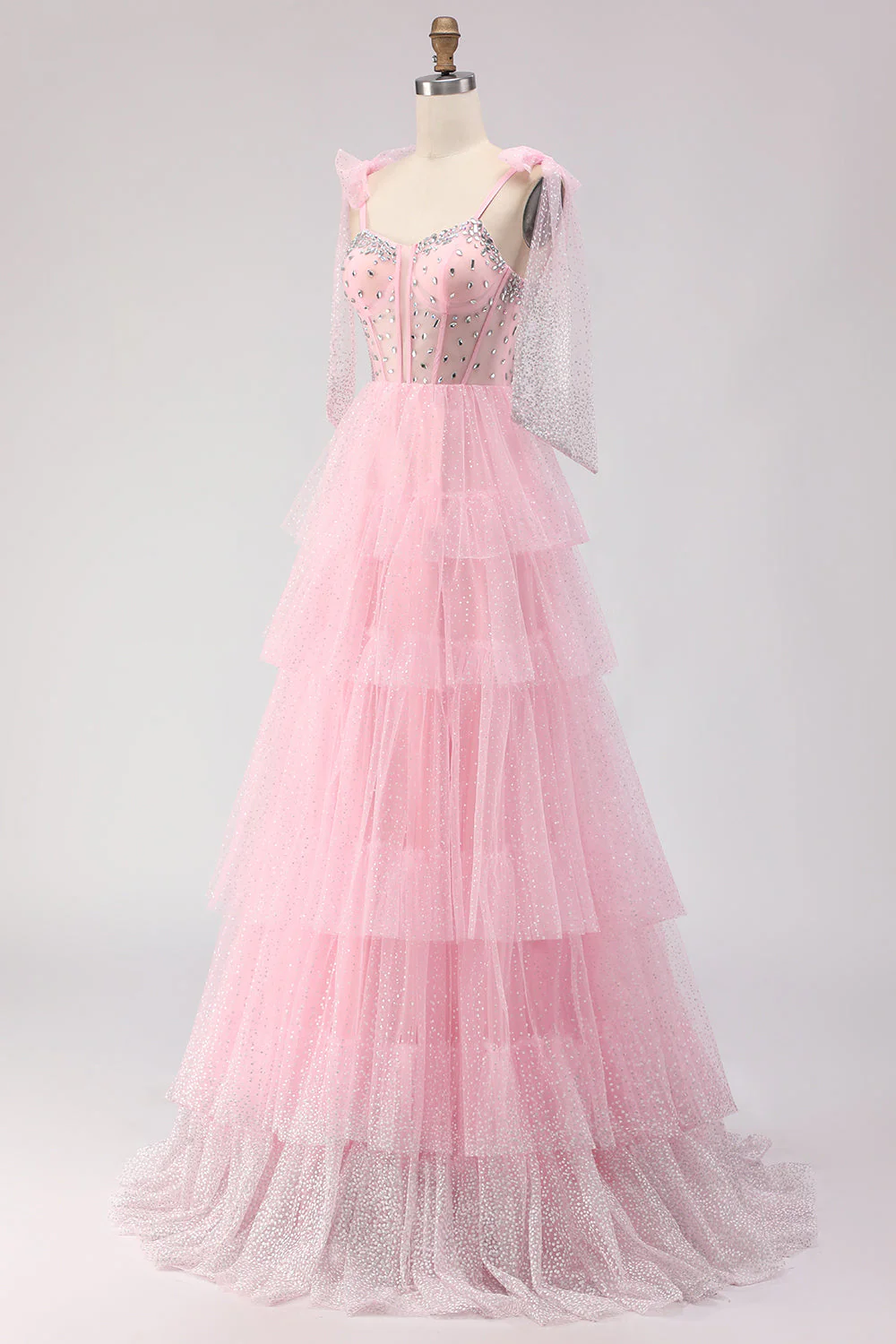 Pink A Line Corset Polka Dots Ruffled Beaded Long Prom Dress with Lace Up Back - Image 3