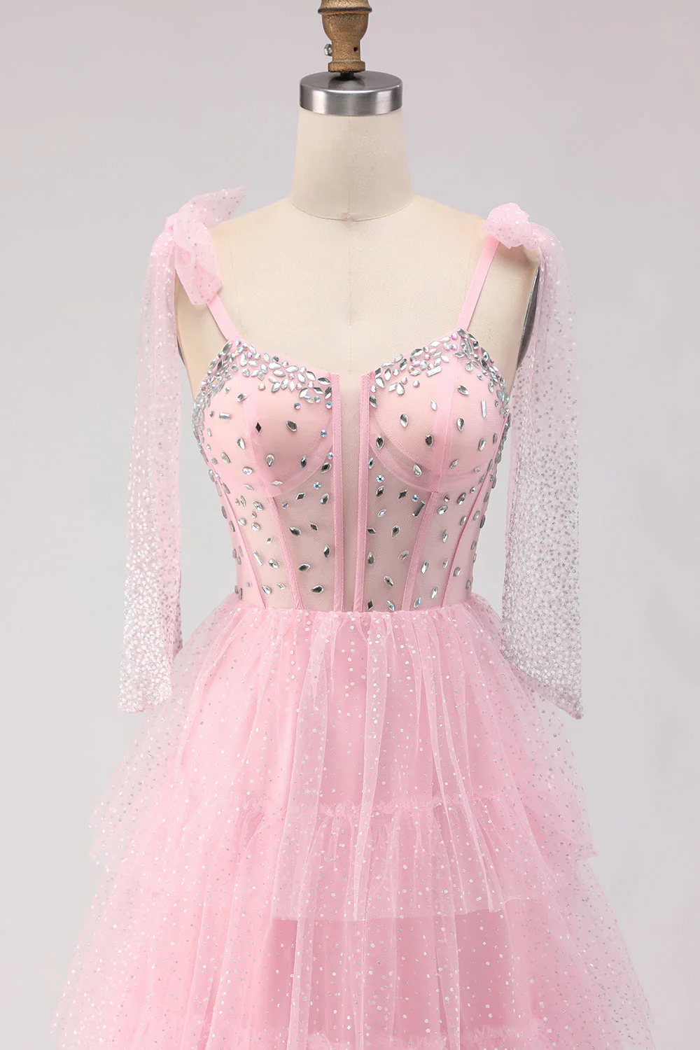 Pink A Line Corset Polka Dots Ruffled Beaded Long Prom Dress with Lace Up Back - Image 4