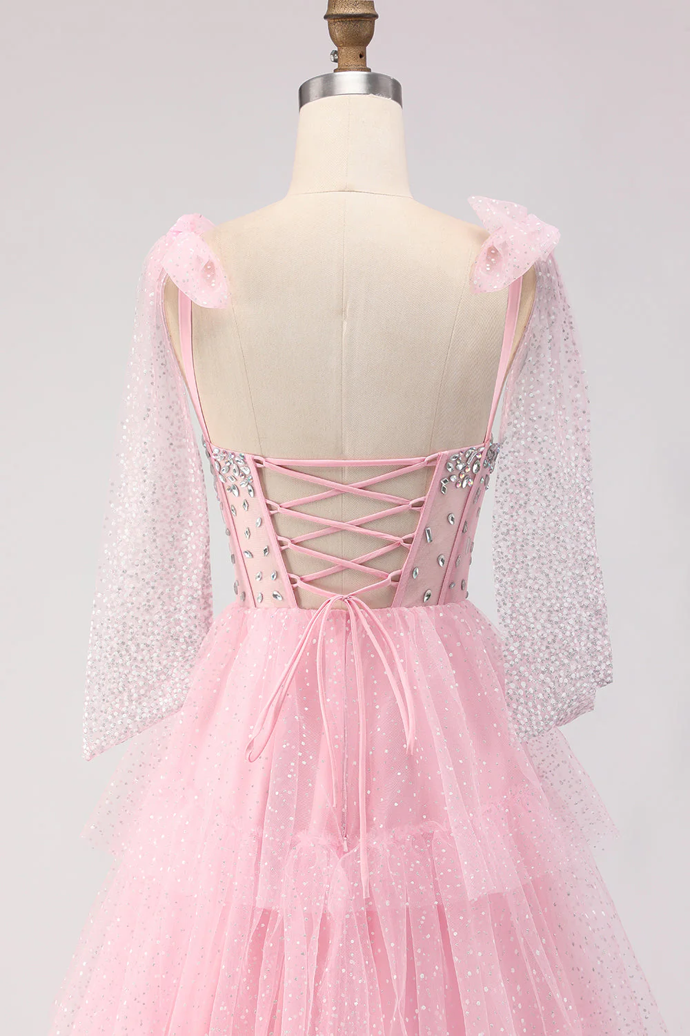 Pink A Line Corset Polka Dots Ruffled Beaded Long Prom Dress with Lace Up Back - Image 5