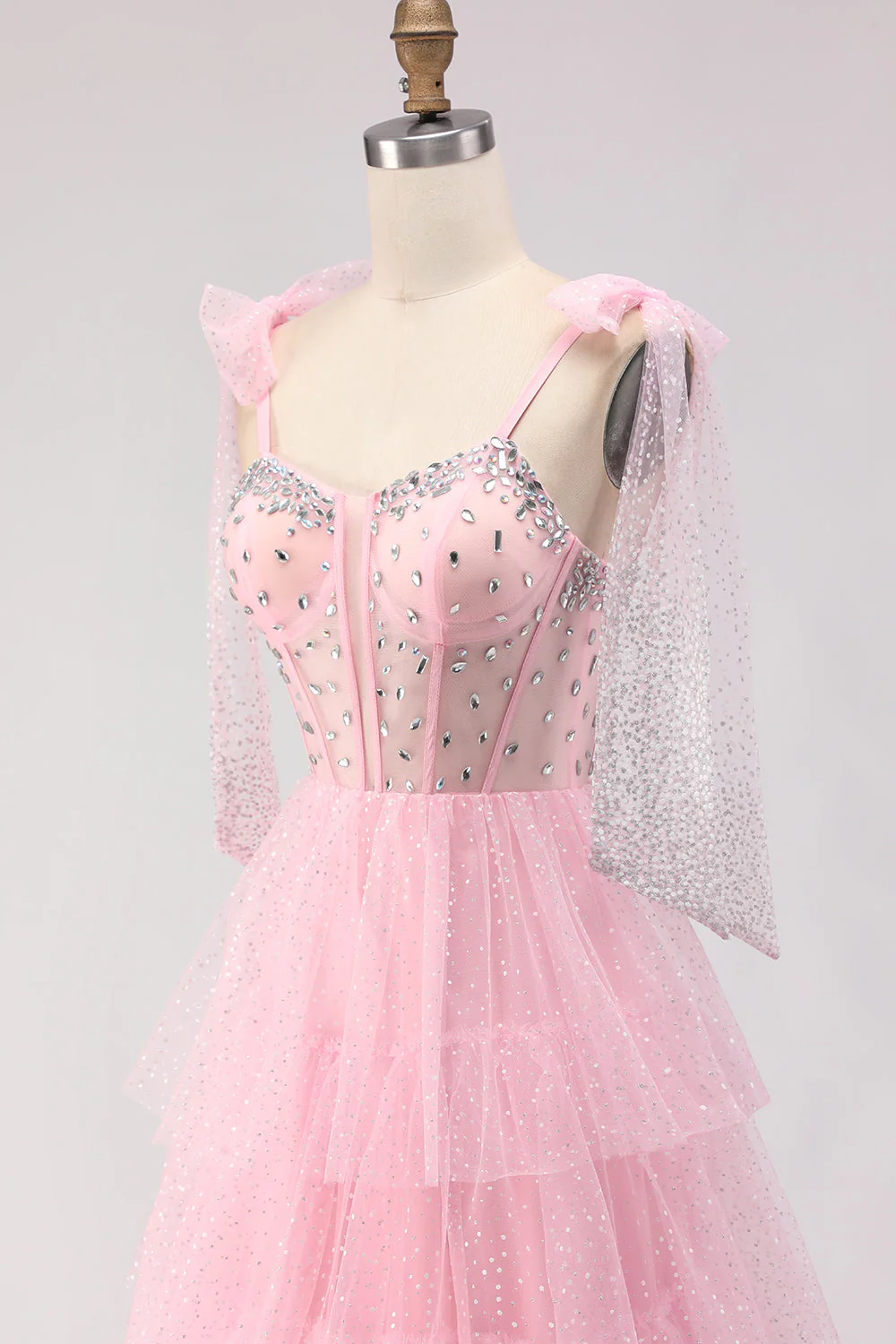 Pink A Line Corset Polka Dots Ruffled Beaded Long Prom Dress with Lace Up Back - Image 6