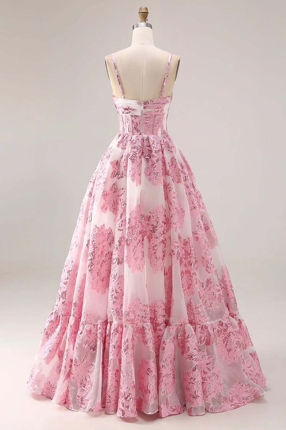 Pink A-Line Cut Out Brocade Jacquard Long Prom Dress with 3D Flower - Image 2
