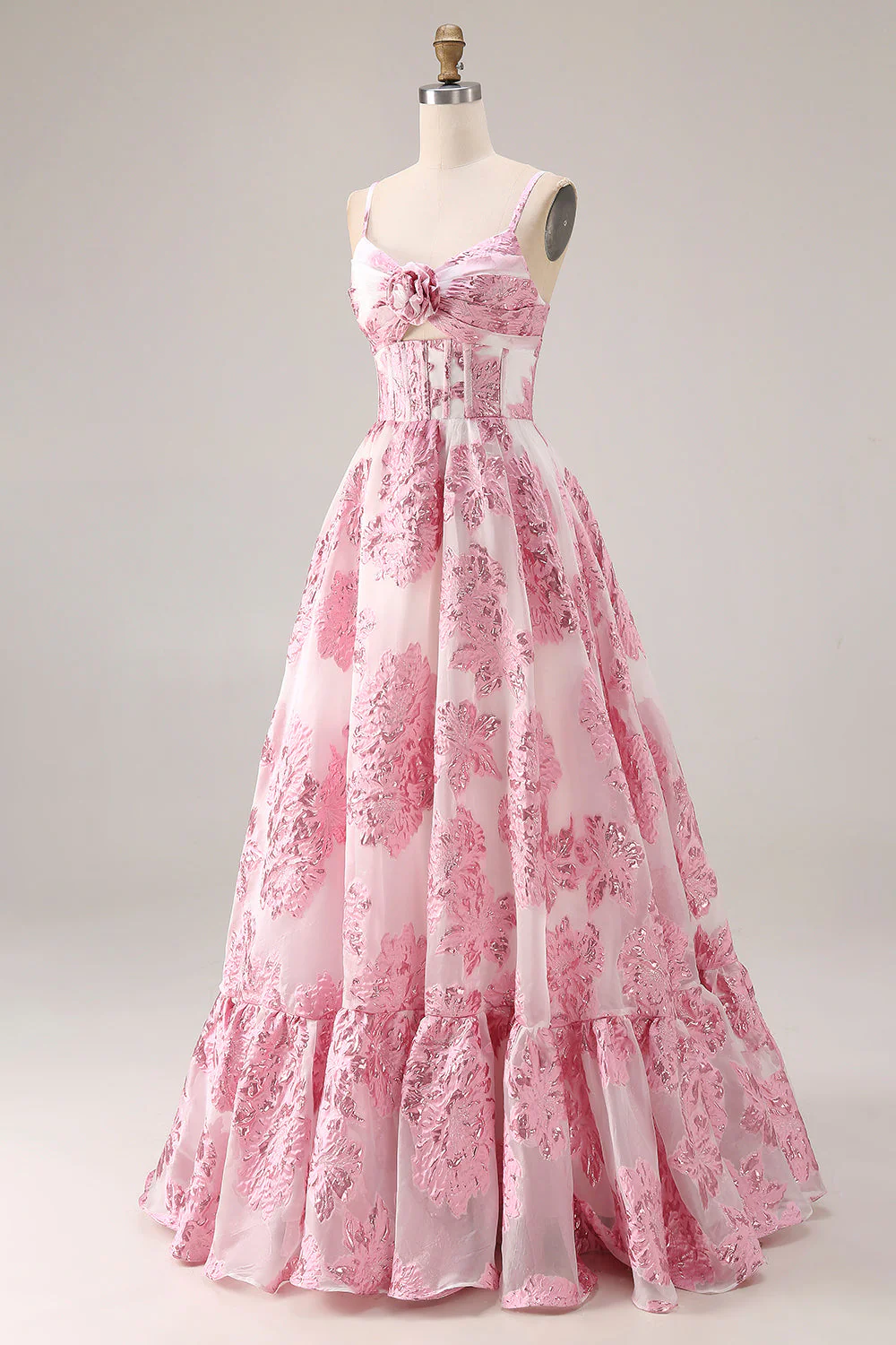 Pink A-Line Cut Out Brocade Jacquard Long Prom Dress with 3D Flower - Image 3