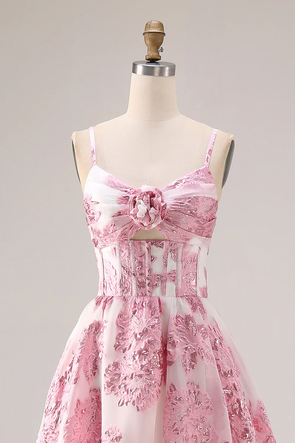 Pink A-Line Cut Out Brocade Jacquard Long Prom Dress with 3D Flower - Image 4