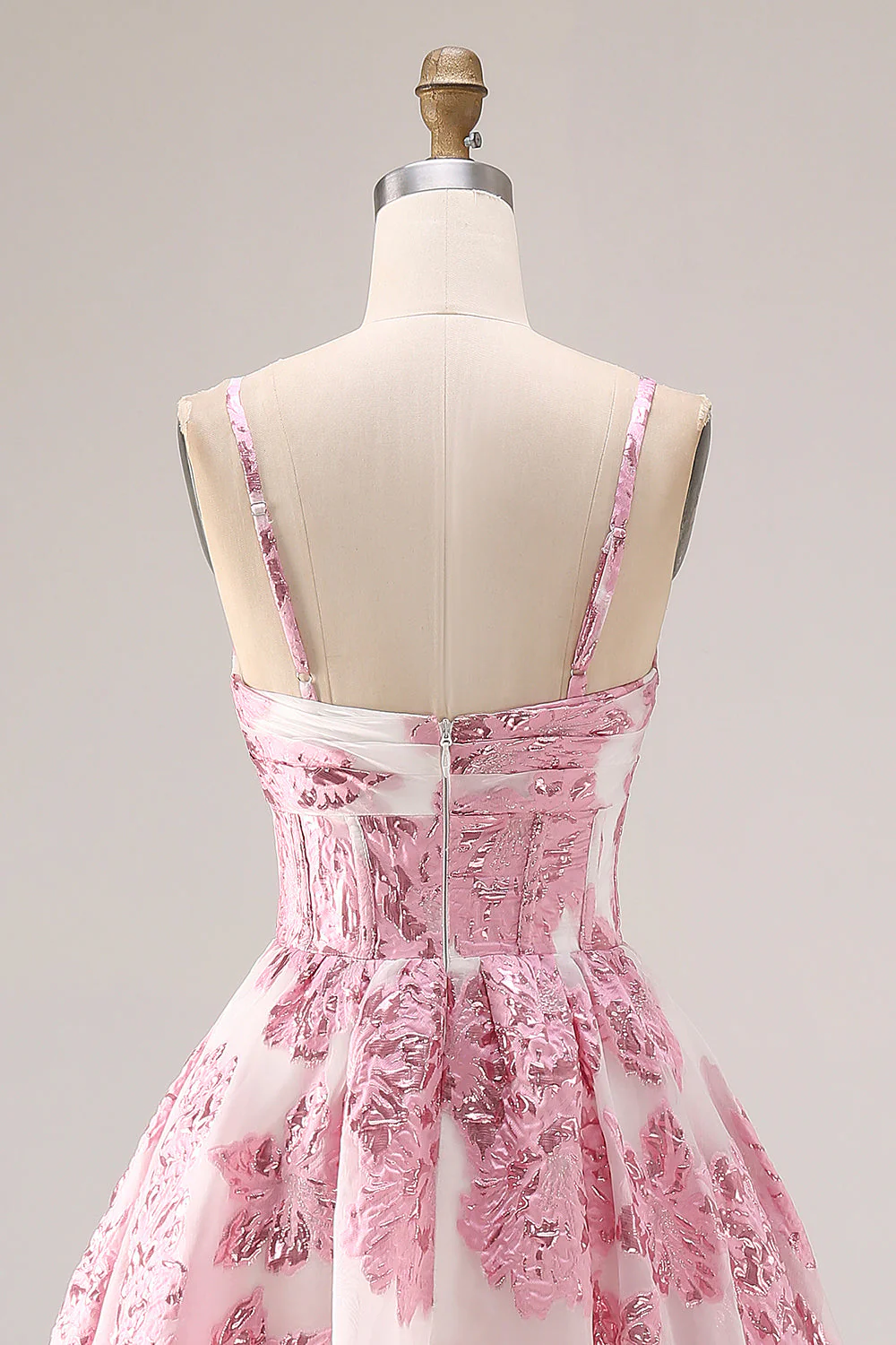 Pink A-Line Cut Out Brocade Jacquard Long Prom Dress with 3D Flower - Image 5