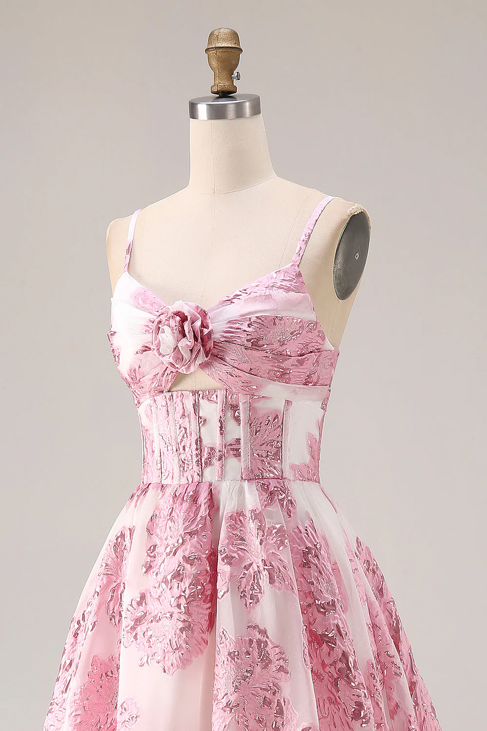 Pink A-Line Cut Out Brocade Jacquard Long Prom Dress with 3D Flower - Image 6