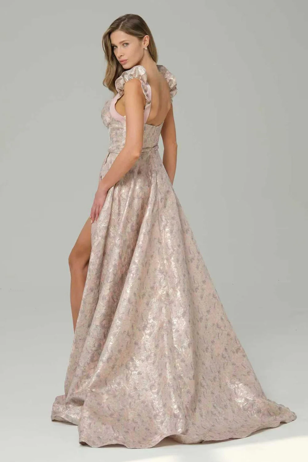 Pink A-Line Floral Printed Corset Long Prom Dress with Slit - Image 2
