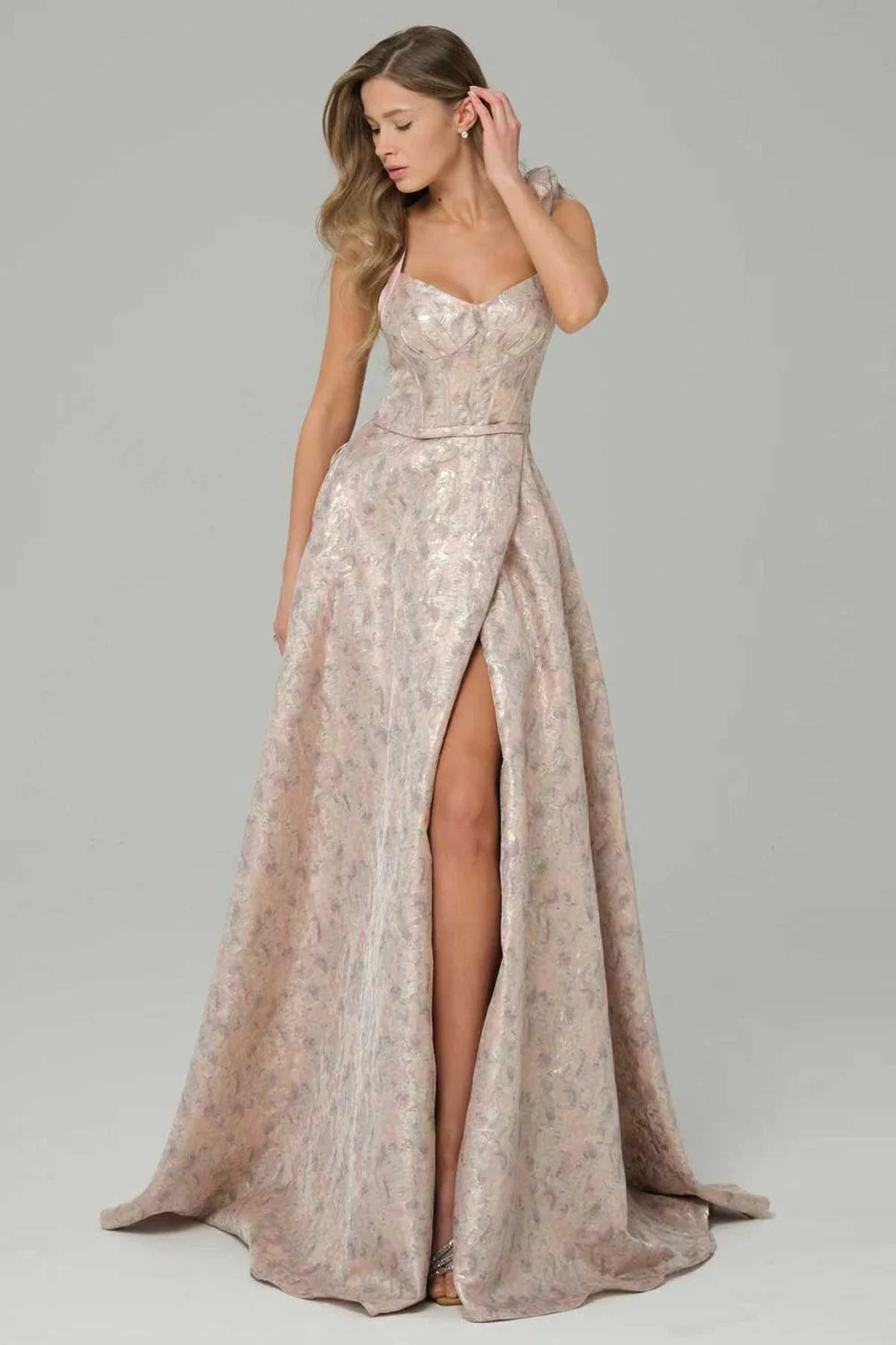 Pink A-Line Floral Printed Corset Long Prom Dress with Slit - Image 3