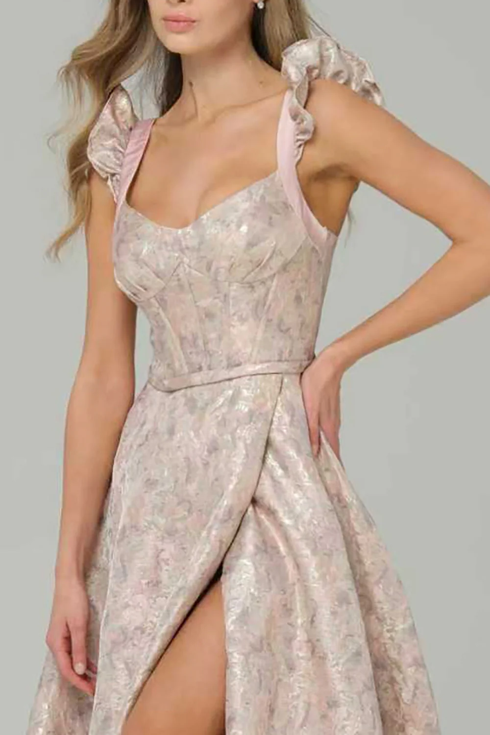 Pink A-Line Floral Printed Corset Long Prom Dress with Slit - Image 5