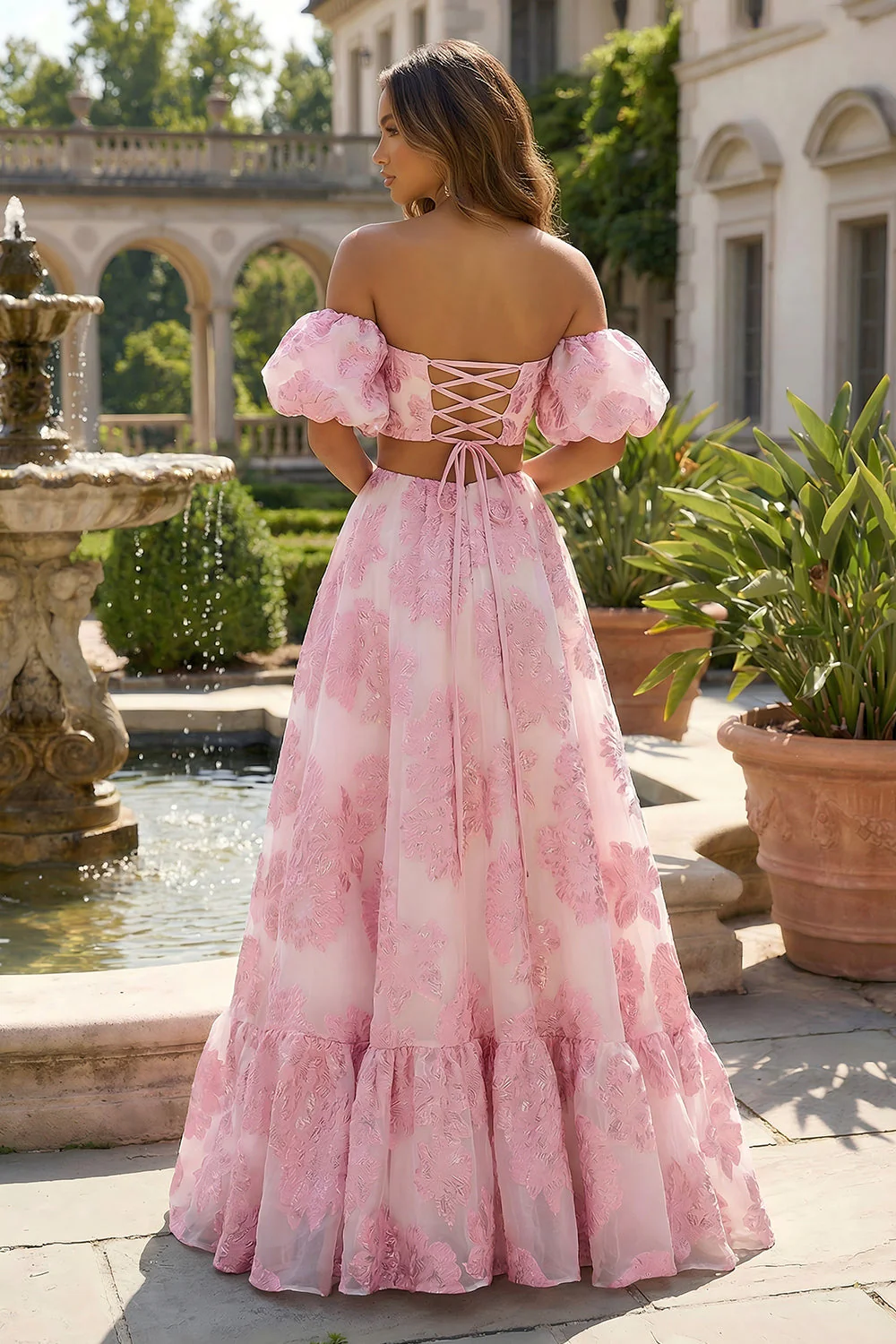Pink A Line Off The Shoulder Long Jacquard Dress with Lace Up Back - Image 2
