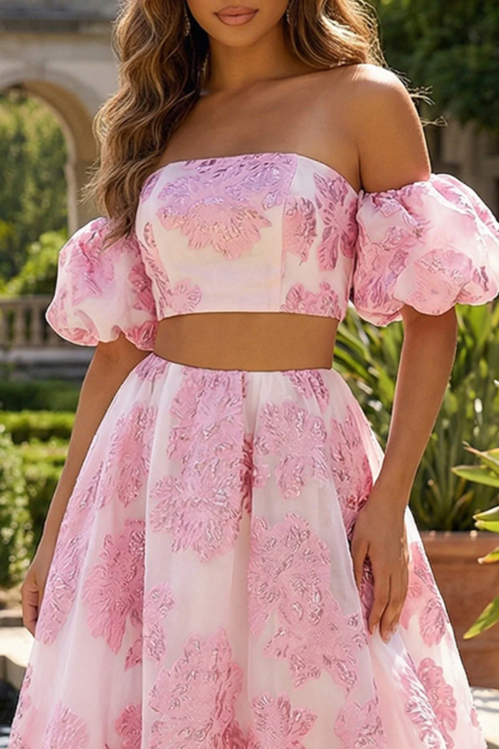 Pink A Line Off The Shoulder Long Jacquard Dress with Lace Up Back - Image 3