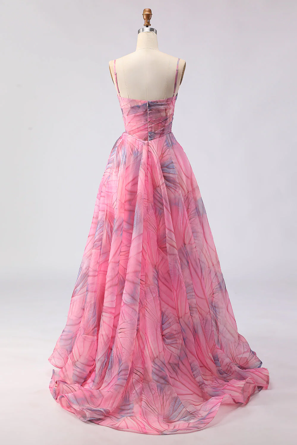 Pink A-Line Print Tulle Floral Corset Long Prom Dress with Slit - Image 2