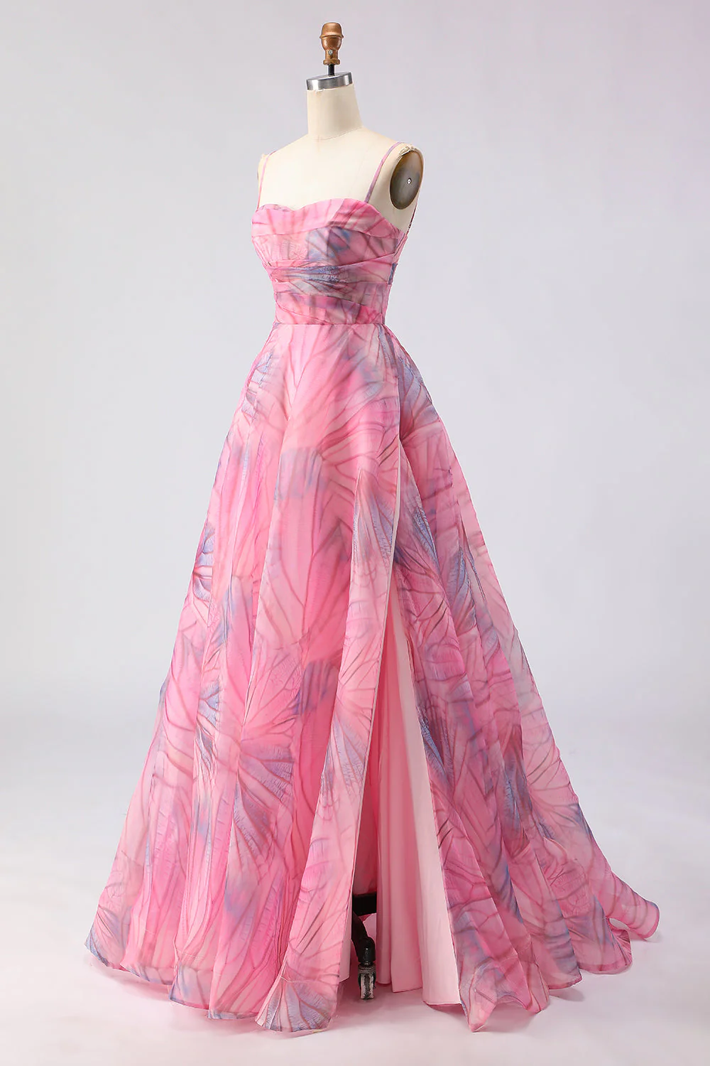 Pink A-Line Print Tulle Floral Corset Long Prom Dress with Slit - Image 3