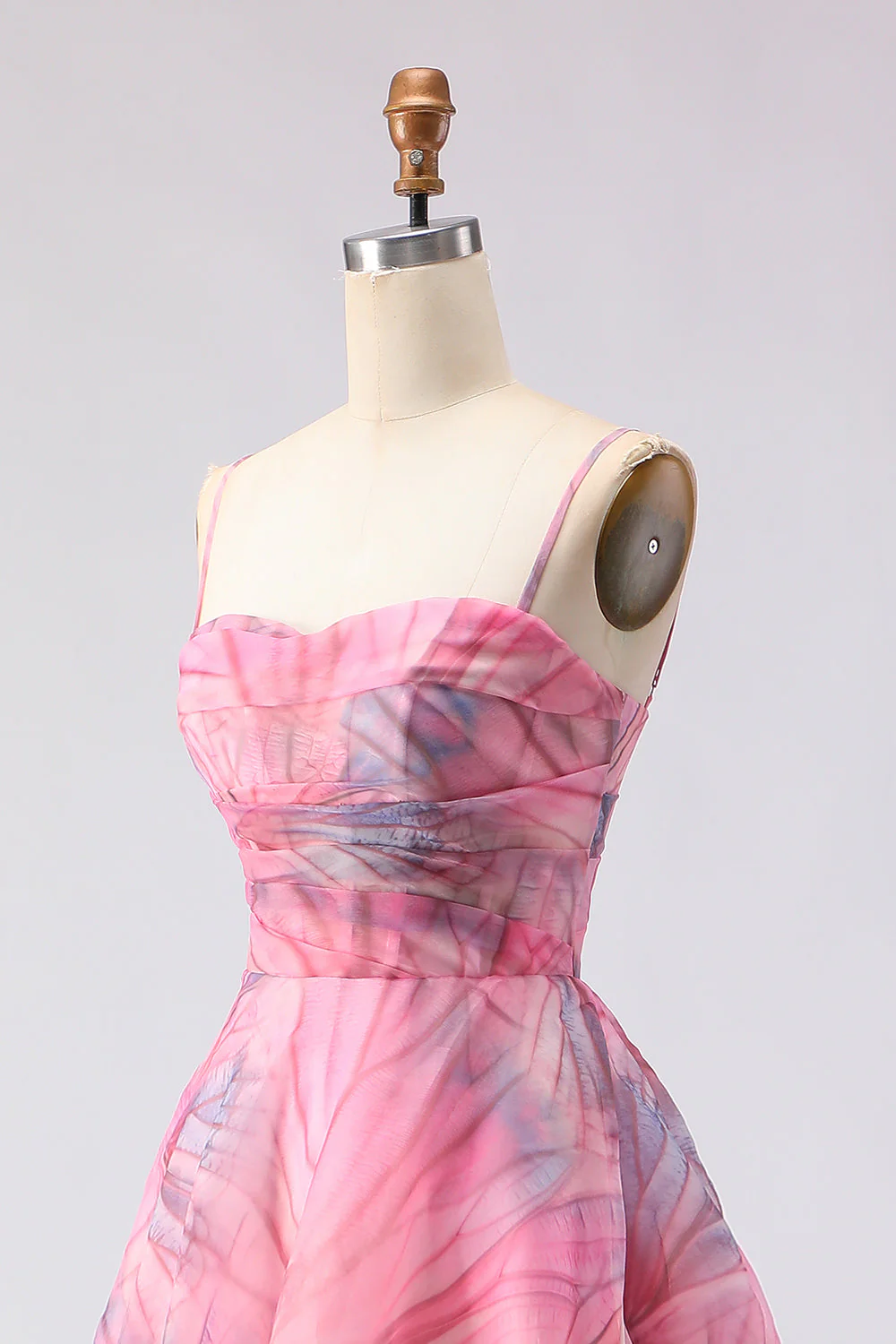Pink A-Line Print Tulle Floral Corset Long Prom Dress with Slit - Image 6
