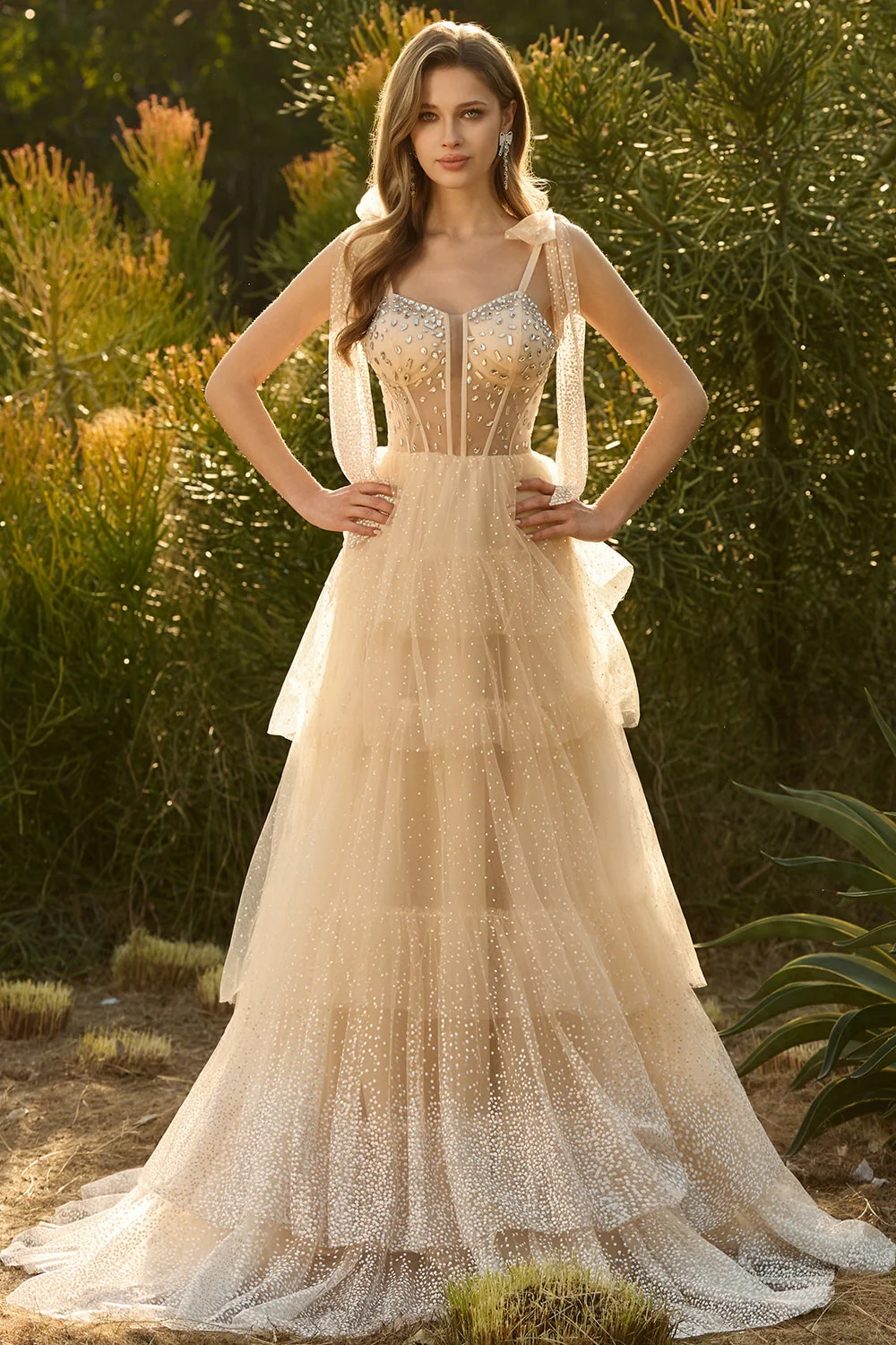 Pink A Line Ruffled Corset Beaded Long Prom Dress with Lace Up Back - Image 11
