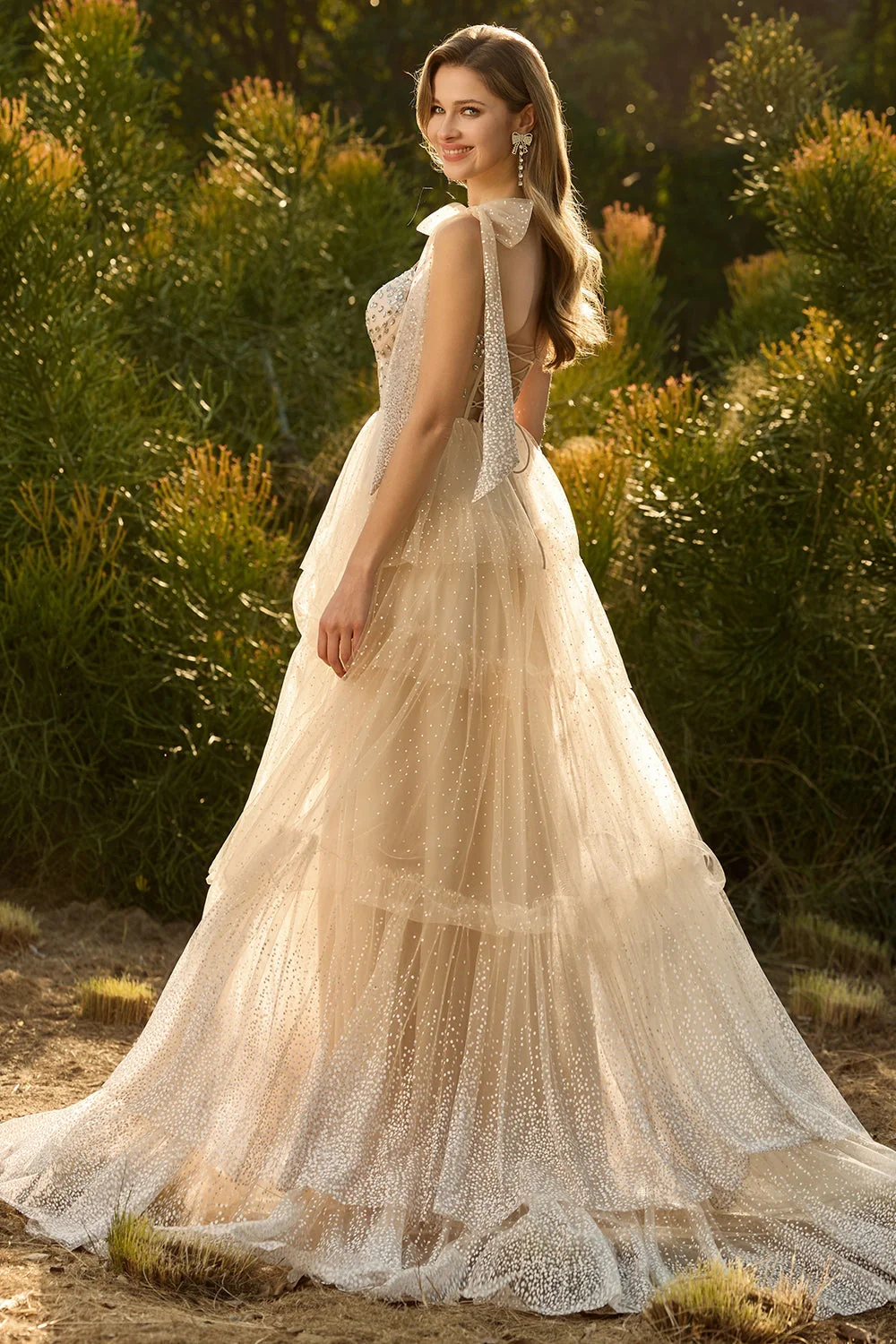 Pink A Line Ruffled Corset Beaded Long Prom Dress with Lace Up Back - Image 12