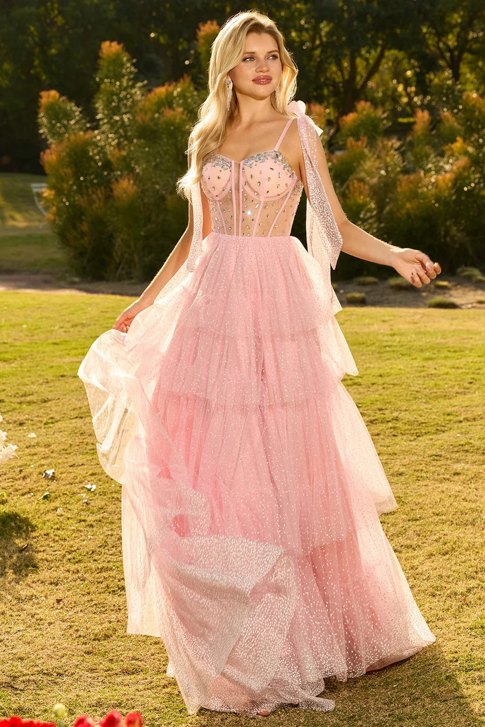 Pink A Line Ruffled Corset Beaded Long Prom Dress with Lace Up Back - Image 6