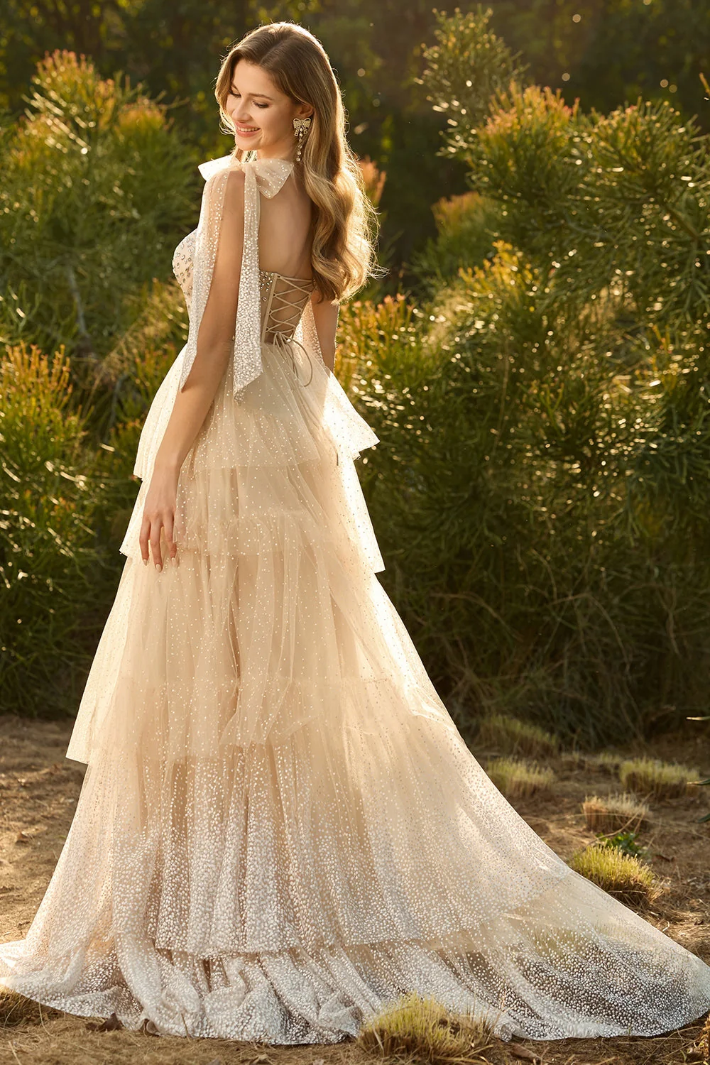 Pink A Line Ruffled Corset Beaded Long Prom Dress with Lace Up Back - Image 7