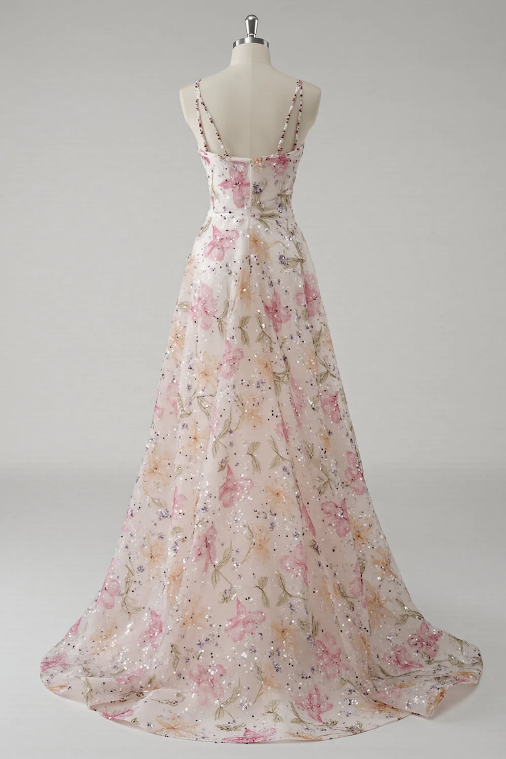 Pink A Line Spaghetti Straps Floral Prom Dress With Sequins - Image 2