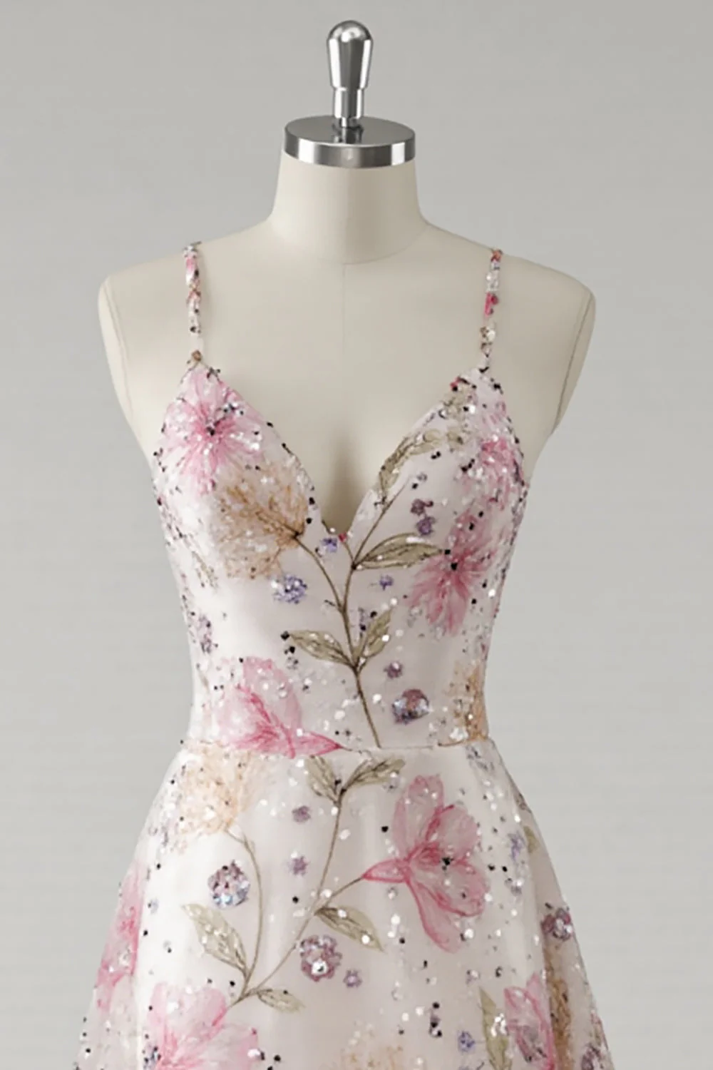 Pink A Line Spaghetti Straps Floral Prom Dress With Sequins - Image 3