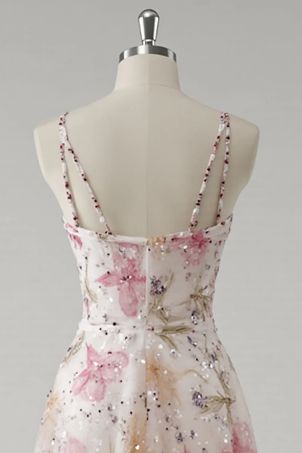Pink A Line Spaghetti Straps Floral Prom Dress With Sequins - Image 4