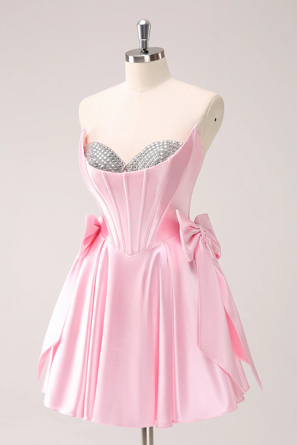 Pink A Line Strapless Corset Beaded Graduation Dress with Bows - Image 3