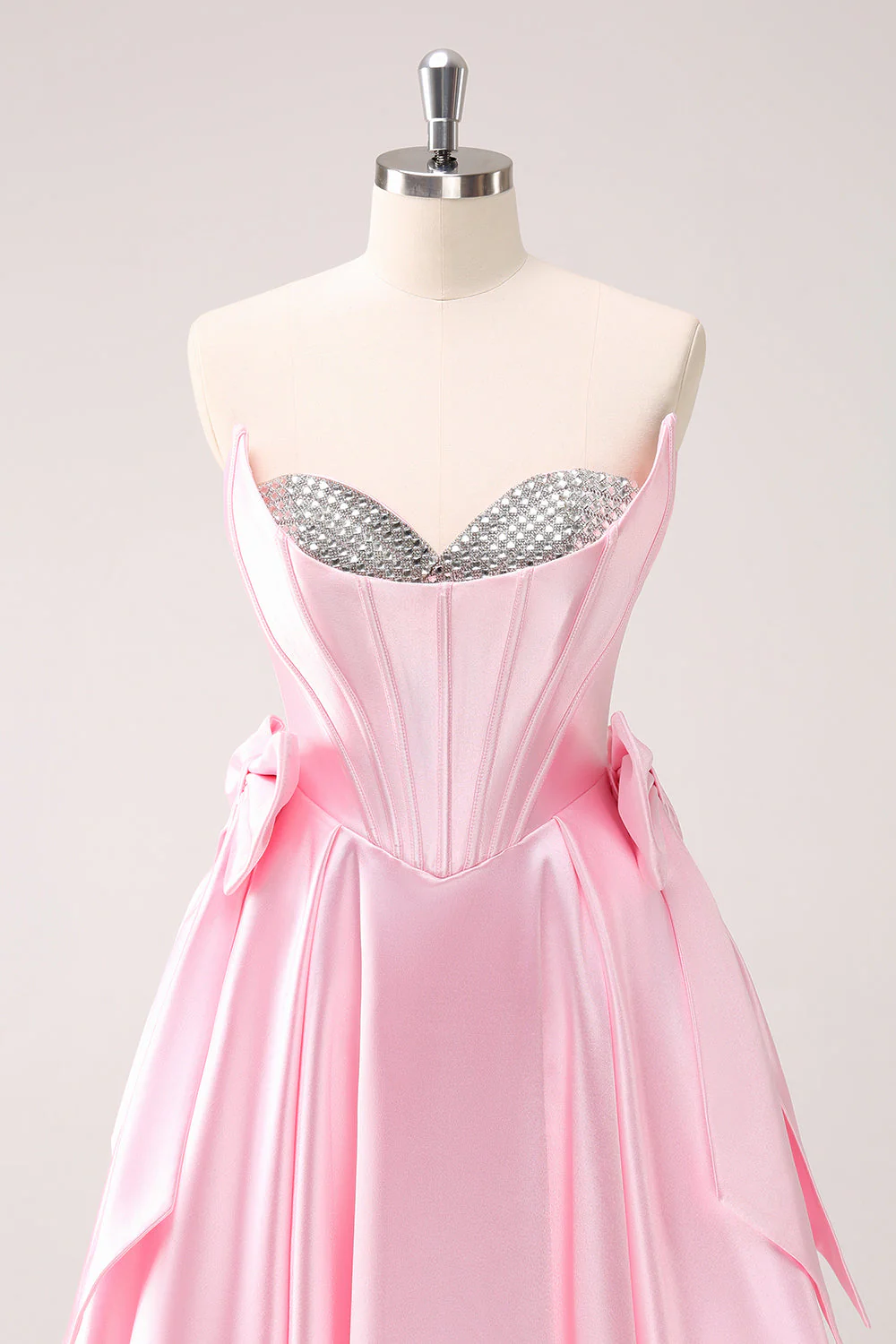 Pink A Line Strapless Corset Beaded Graduation Dress with Bows - Image 4