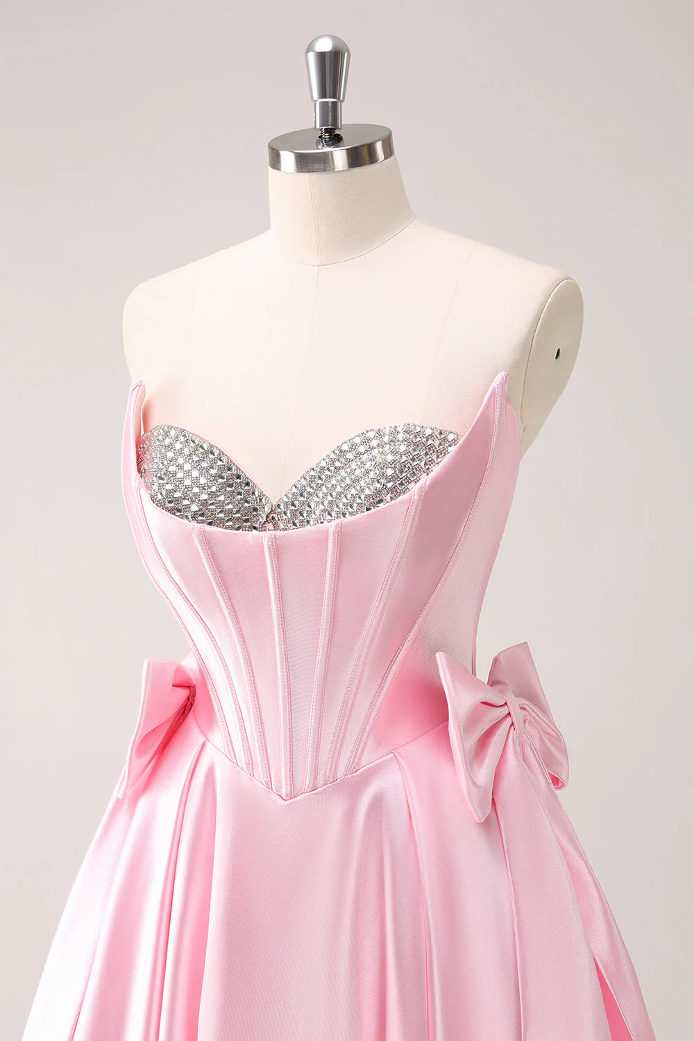 Pink A Line Strapless Corset Beaded Graduation Dress with Bows - Image 6