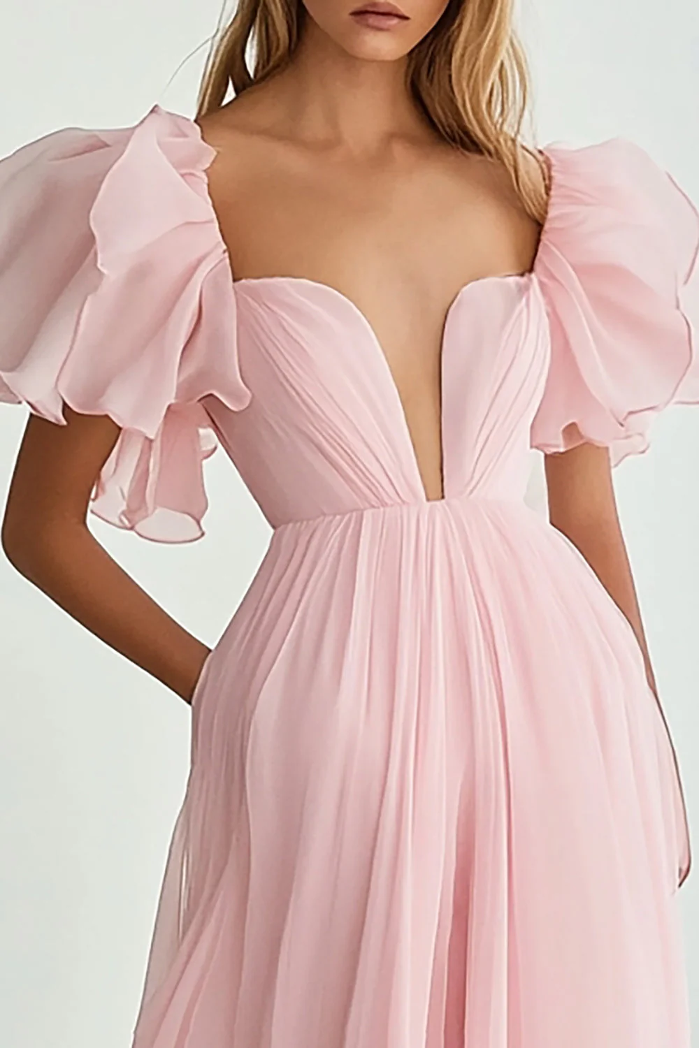 Pink A Line Sweetheart Ruffled Long Prom Dress with Sleeves - Image 2