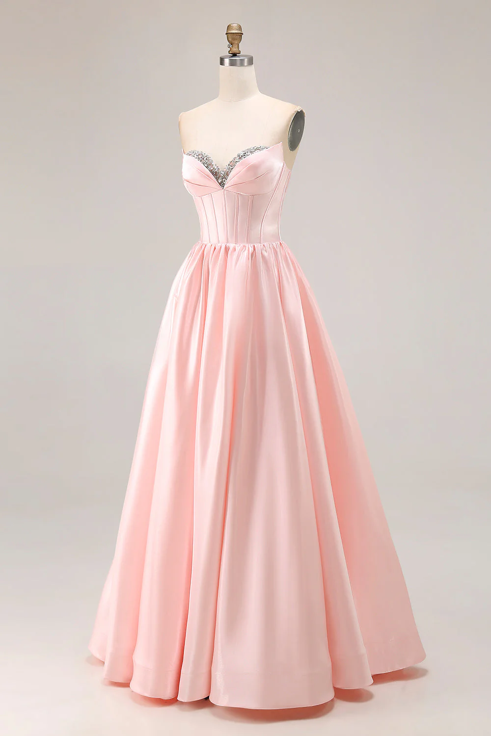 Pink A Line Sweetheart Satin Corset Long Prom Dress with Beading - Image 3