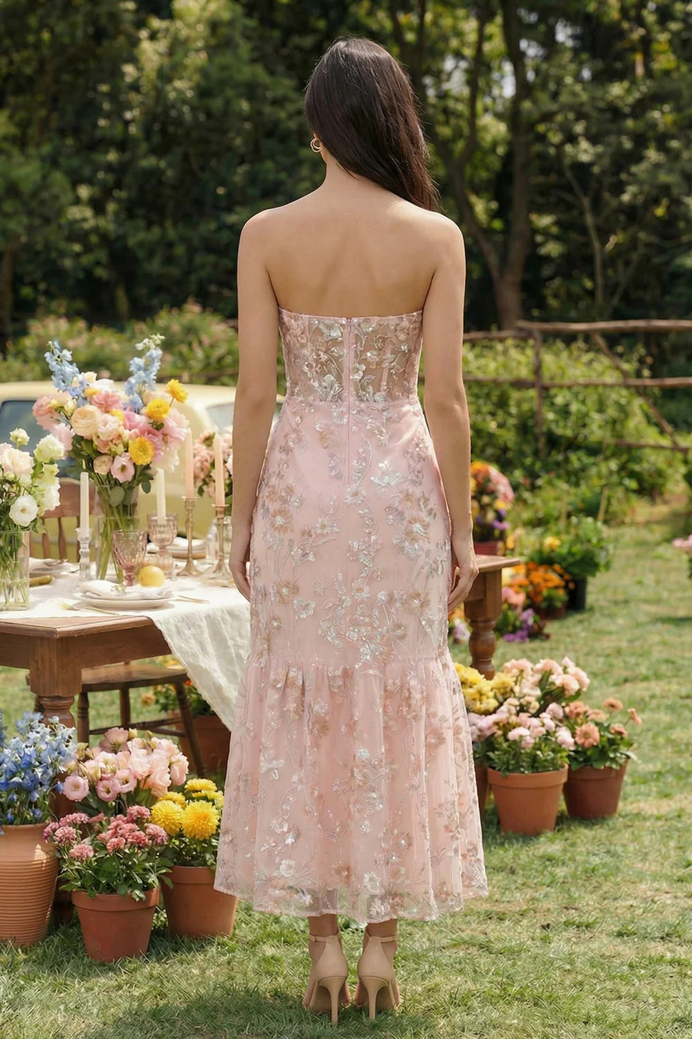 Strapless Pink Mermaid Corset Midi Dress with Sequins - Image 2