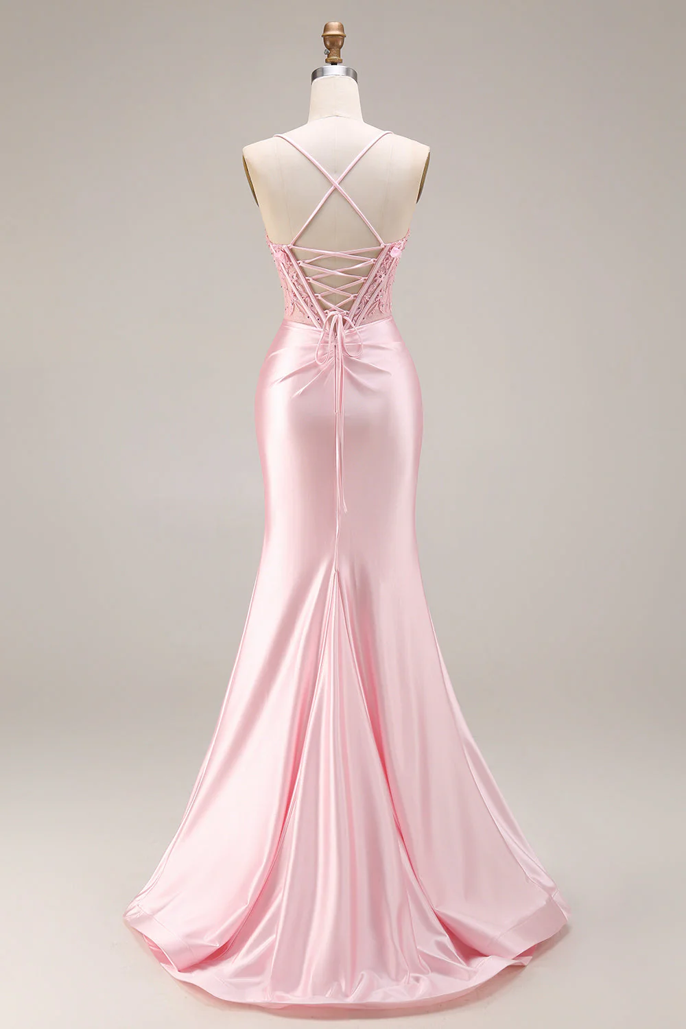 Pink Basque Waist Appliqued Mermaid Satin Long Prom Dress with Slit - Image 2