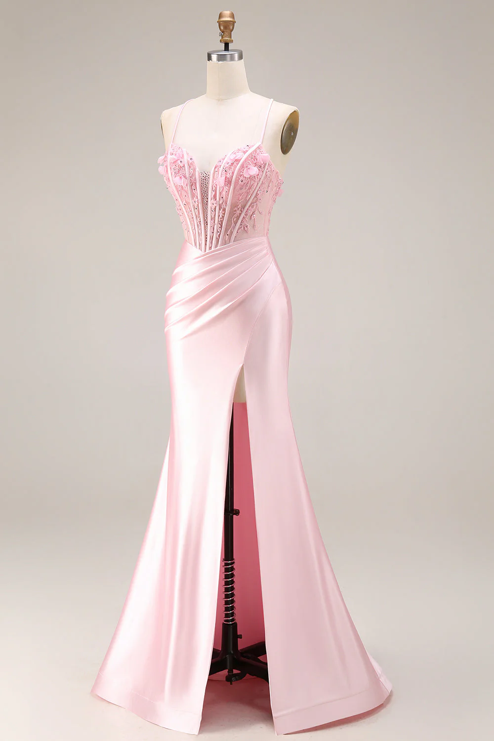 Pink Basque Waist Appliqued Mermaid Satin Long Prom Dress with Slit - Image 3
