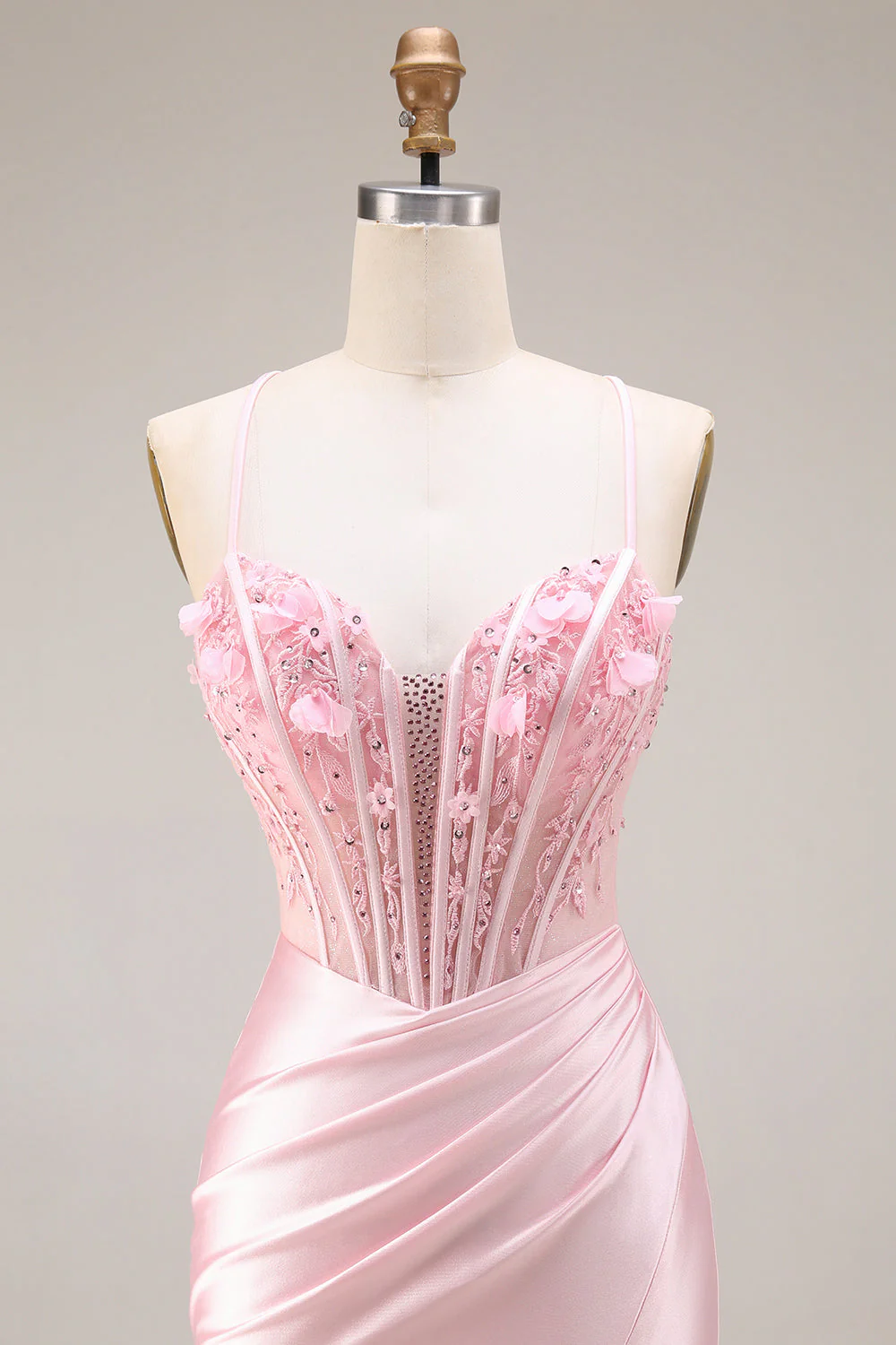 Pink Basque Waist Appliqued Mermaid Satin Long Prom Dress with Slit - Image 4