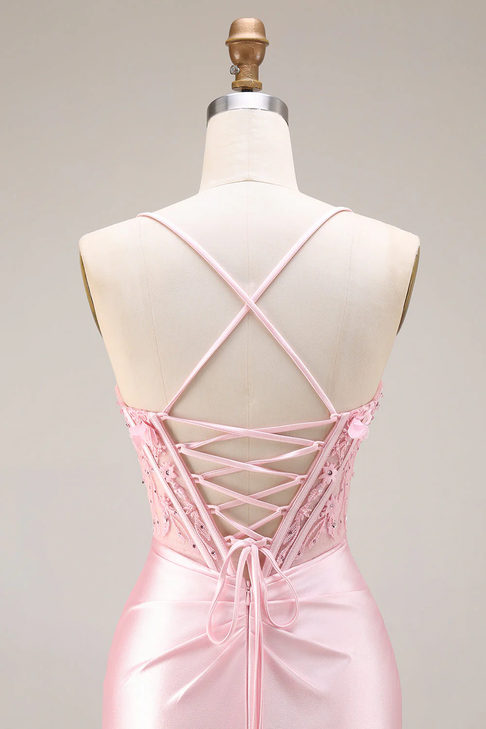 Pink Basque Waist Appliqued Mermaid Satin Long Prom Dress with Slit - Image 5