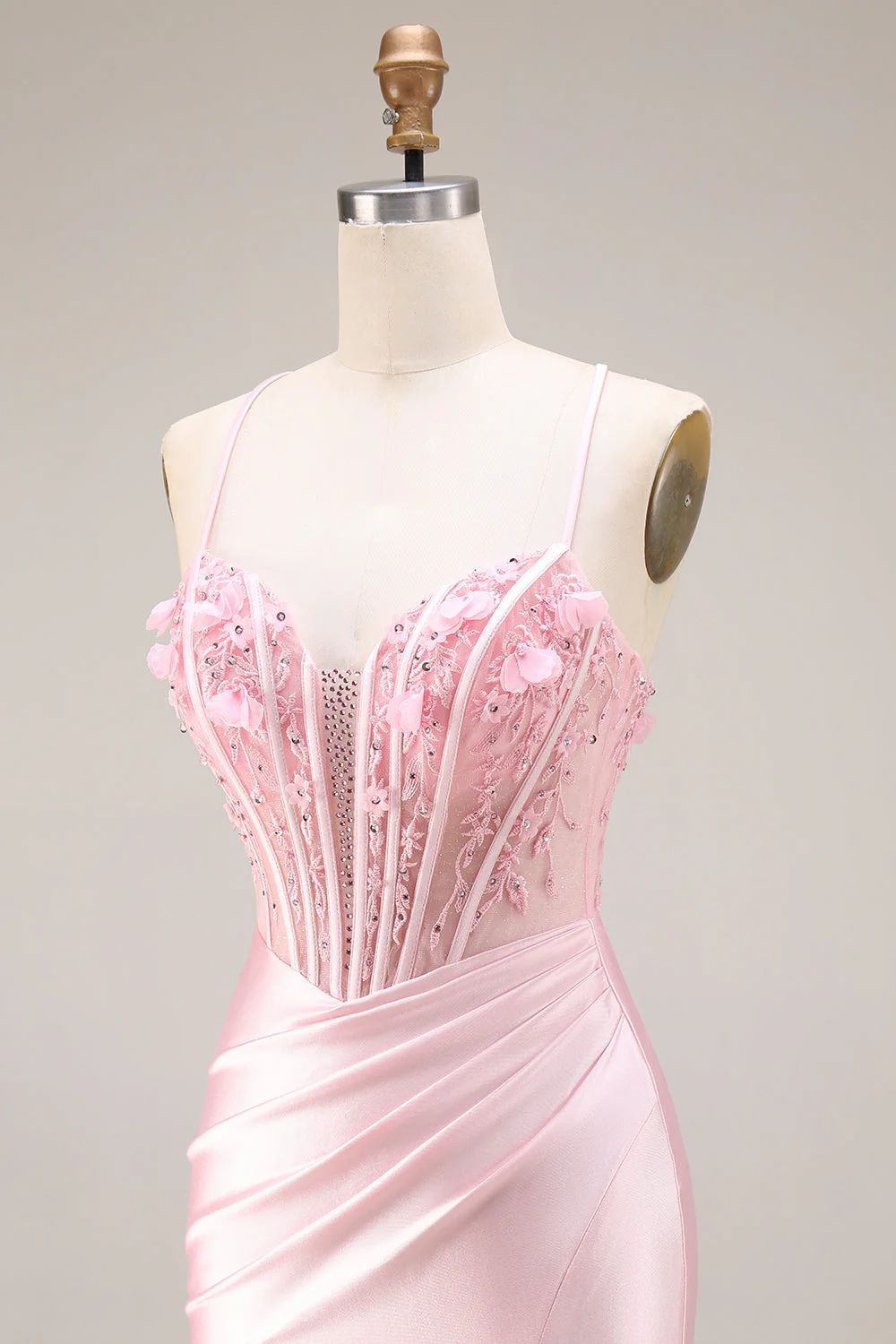 Pink Basque Waist Appliqued Mermaid Satin Long Prom Dress with Slit - Image 6