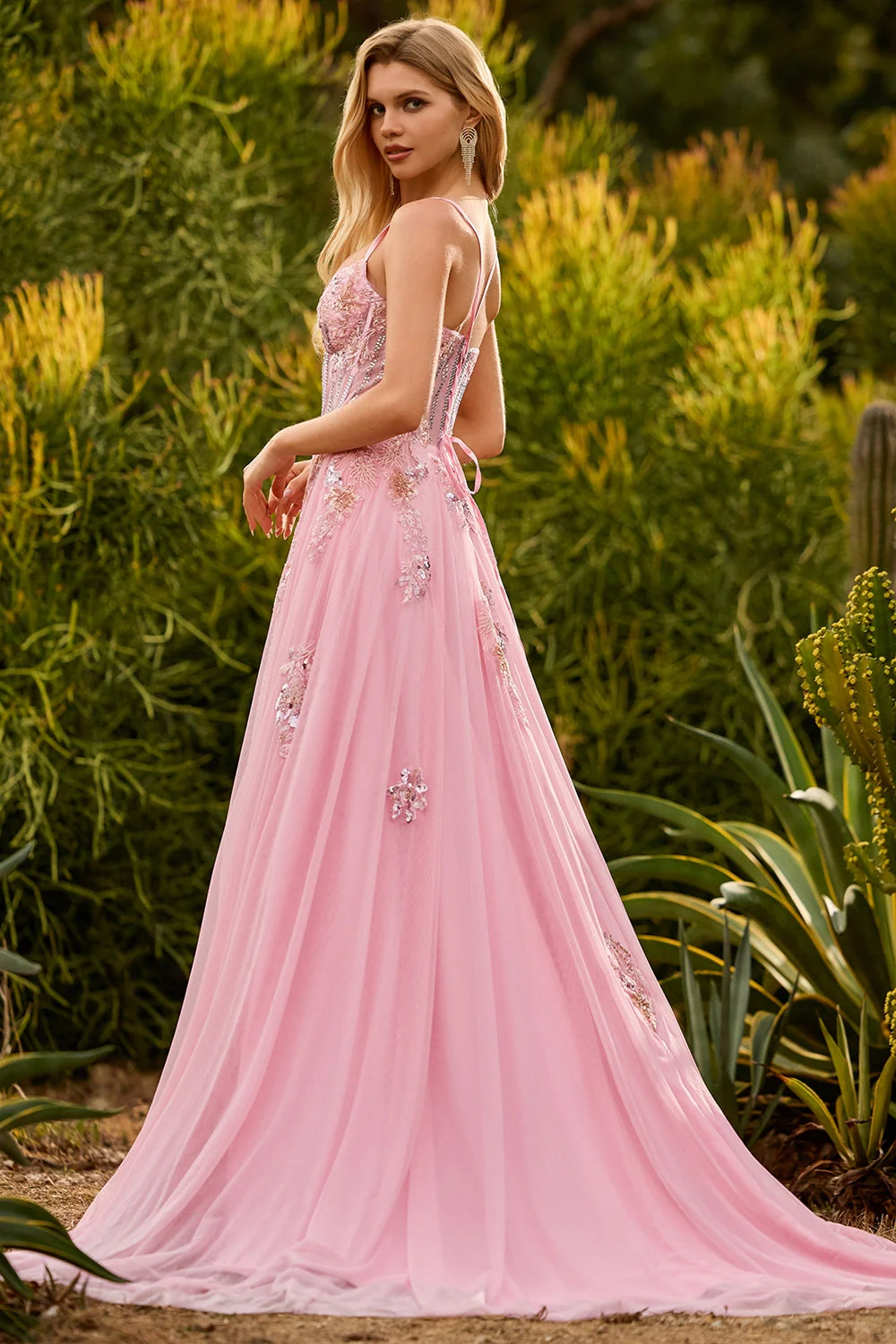 Pink A Line Corset Beaded Sequin Long Prom Dress with Lace Up Back - Image 2