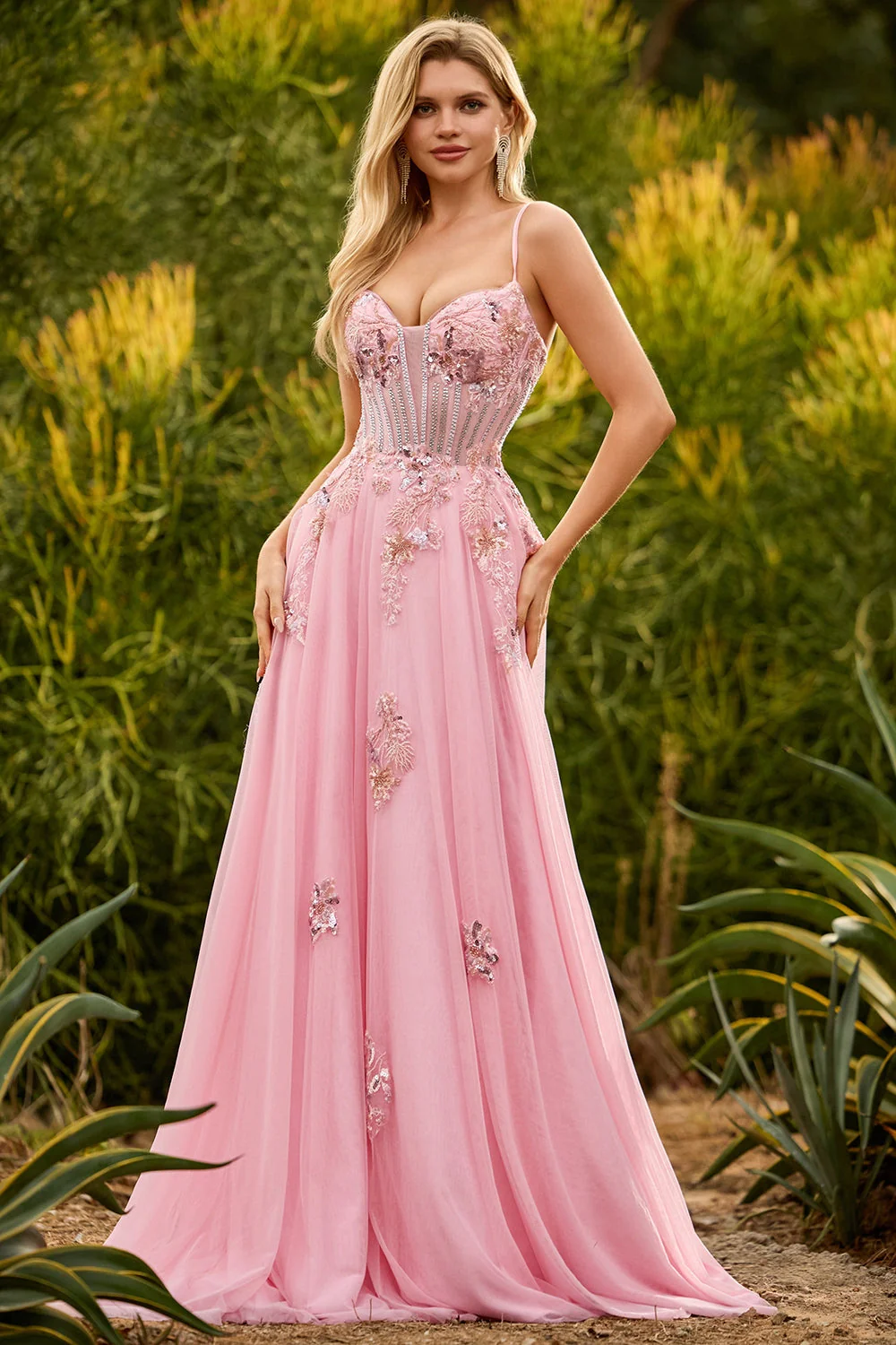 Pink A Line Corset Beaded Sequin Long Prom Dress with Lace Up Back - Image 3
