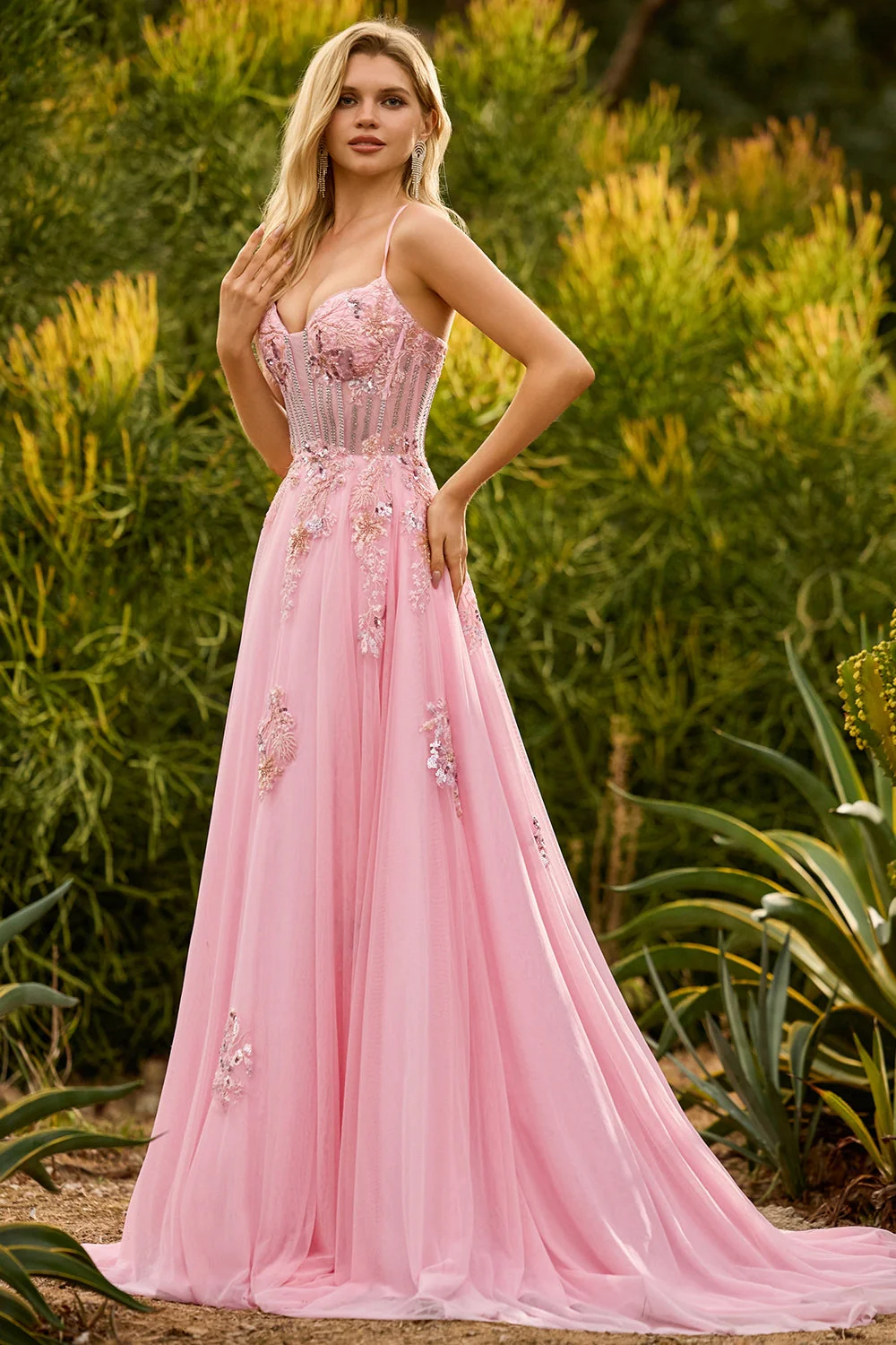 Pink A Line Corset Beaded Sequin Long Prom Dress with Lace Up Back - Image 5